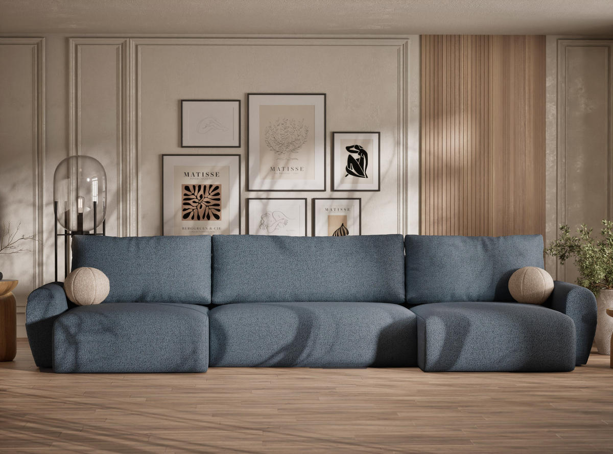 WOHNLANDSCHAFT MIT SCHLAFFUNKTION Numba Blau Grau Webstoff - Blaugrau/Schwarz, Holz/Holzwerkstoff (397/70/153cm) - Maison de Reve
