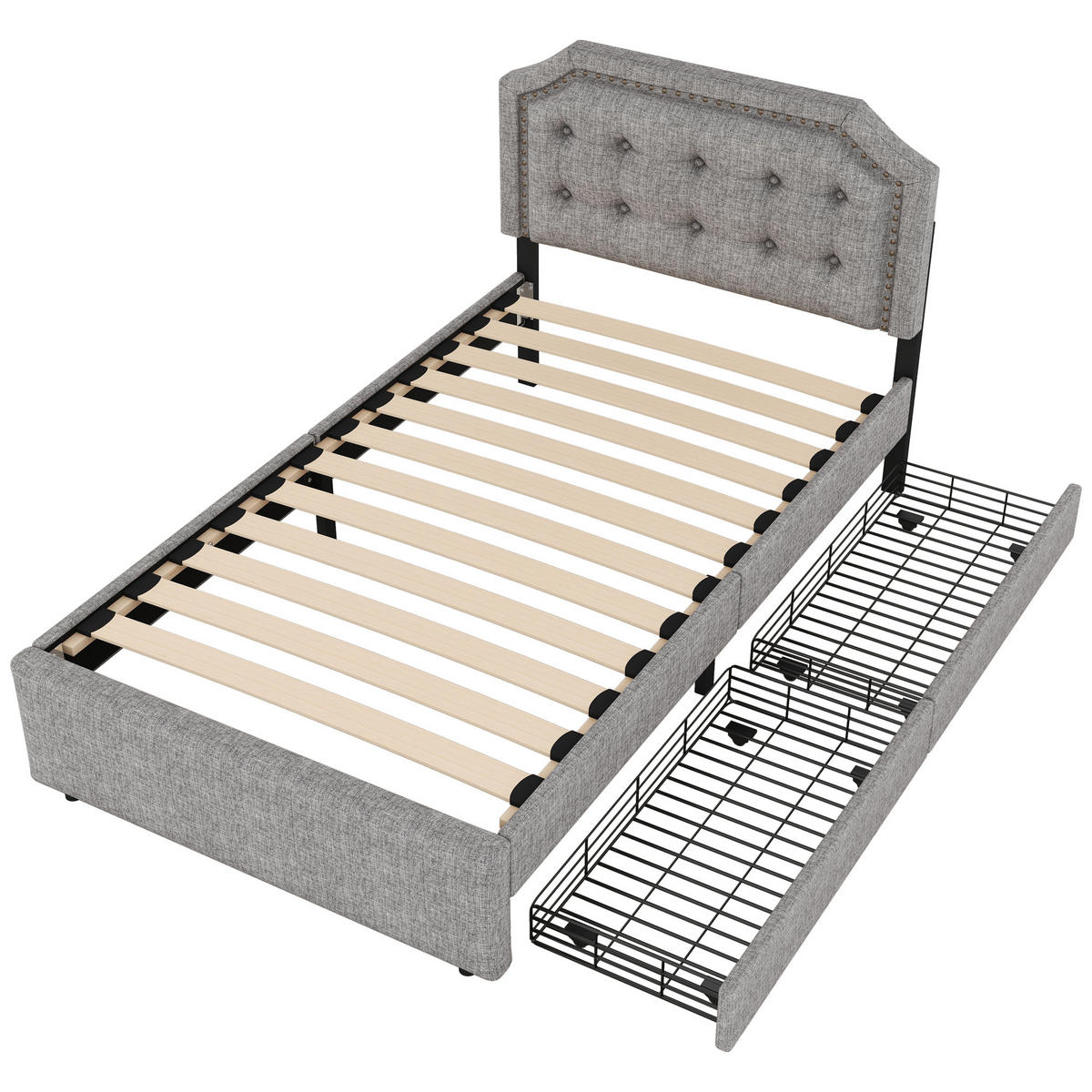 POLSTERBETT 90/200 cm grau mit Aufbewahrung und verstellbarem Nachttisch - Grau, Textil (90/200cm) - OKWISH
