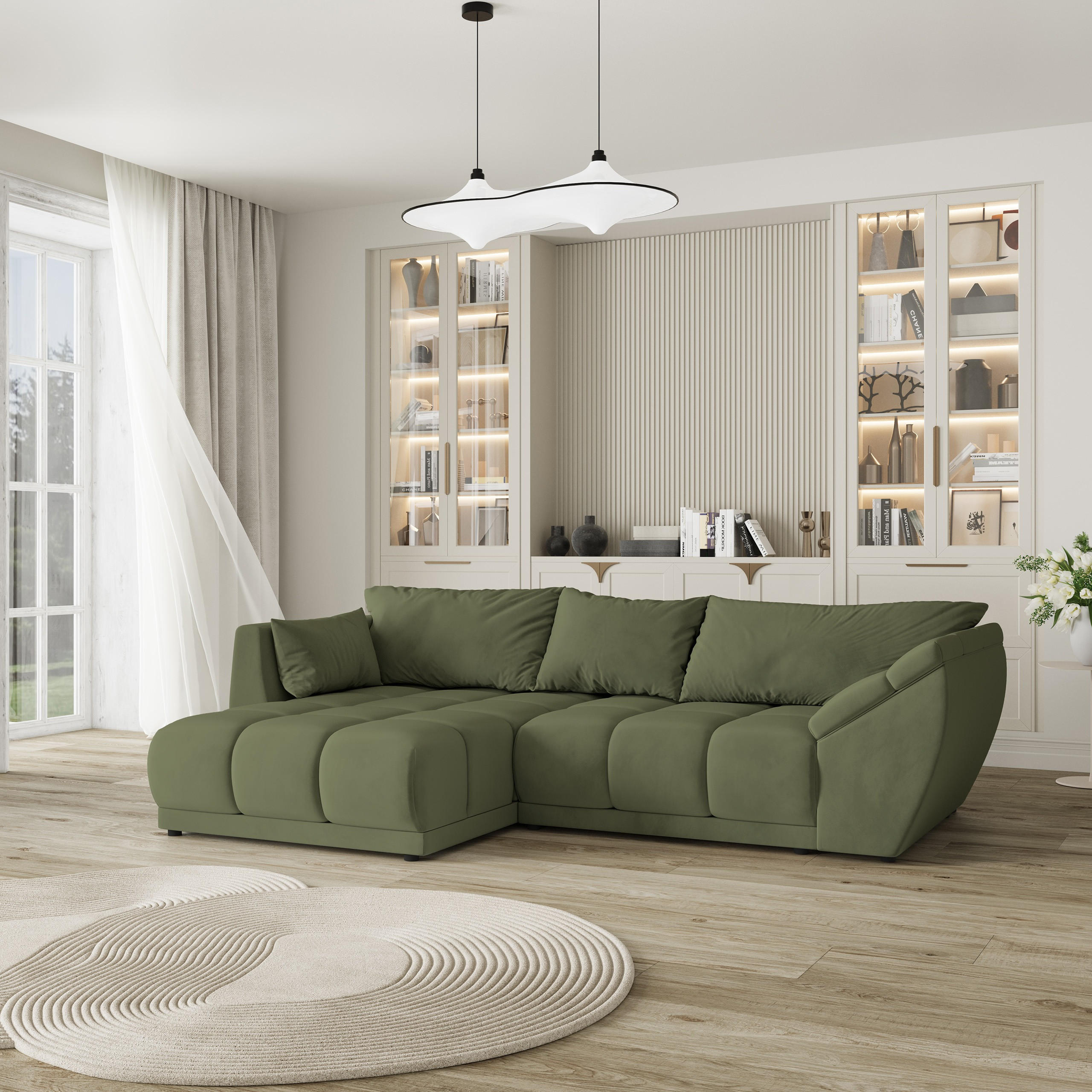 ECKSOFA ORENTI L-S Grün Velours-Stoff mit Schlaffunktion - Grün, Holz (287/182cm) - MASSENO
