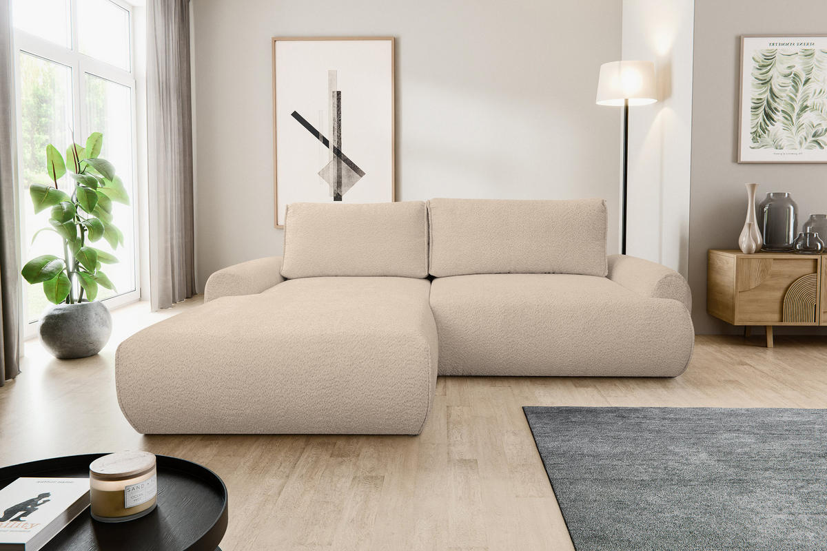 ECKSOFA Moon in L-Form mit Schlaffunktion und Bettkasten, Farbe: Hellbraun, Bouclé-Stoff, Ottomane Links - Hellbraun, Textil (136/260cm) - VENASI MÖBEL