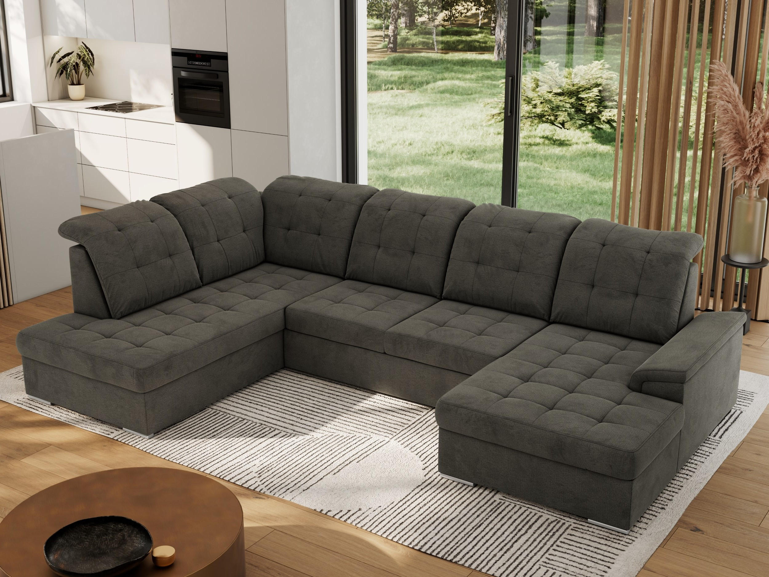 WOHNLANDSCHAFT MADRITO U - Dunkelgrau Velorus - Links - Dunkelgrau/Silberfarben, Textil/Metall (204/89/323cm) - MKS