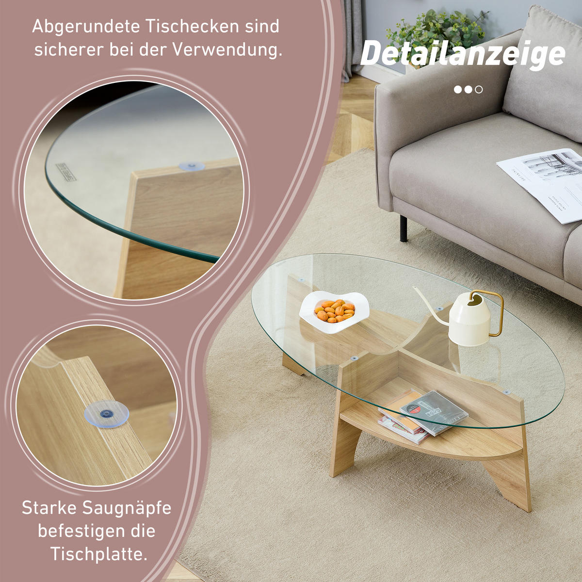 COUCHTISCH in Naturfarbe Moderner ovaler Beistelltisch mit Holzoptik für Esszimmer und Wohnzimmer, B104.9/T60/H35.6 cm - Transparent/Naturfarben, Glas/Holzwerkstoff (60/104.9/35.6cm) - STILVORA