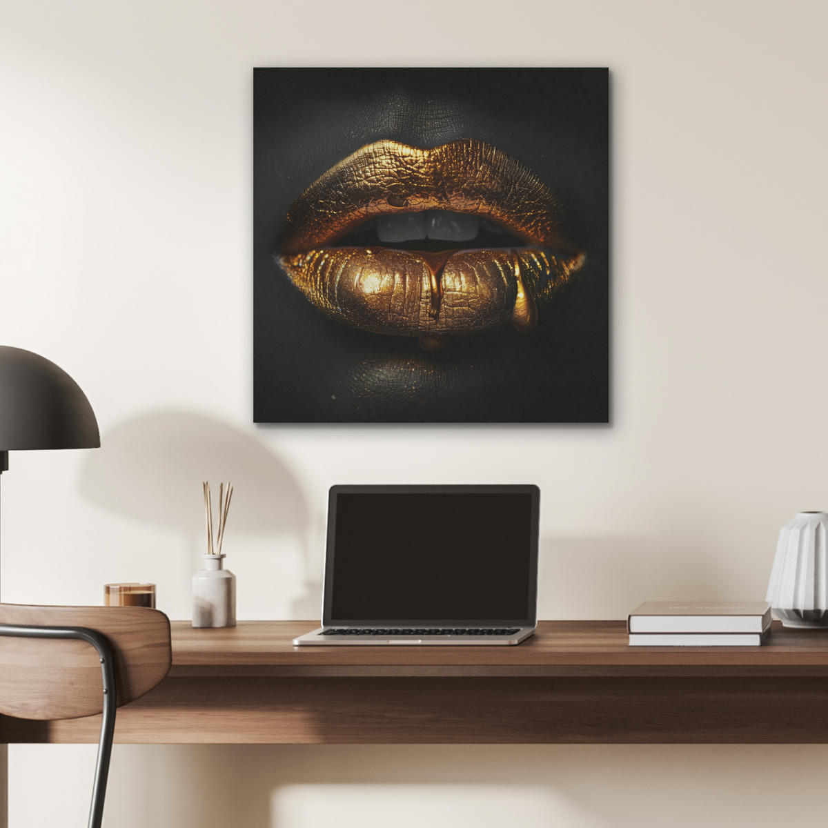 AKUSTIKBILD Frau - Porträt - Lippen - Gold - Schwarz Wandbilder 60x60 cm - Schwarz, Kunststoff (60/60/0.9cm) - MuchoWow