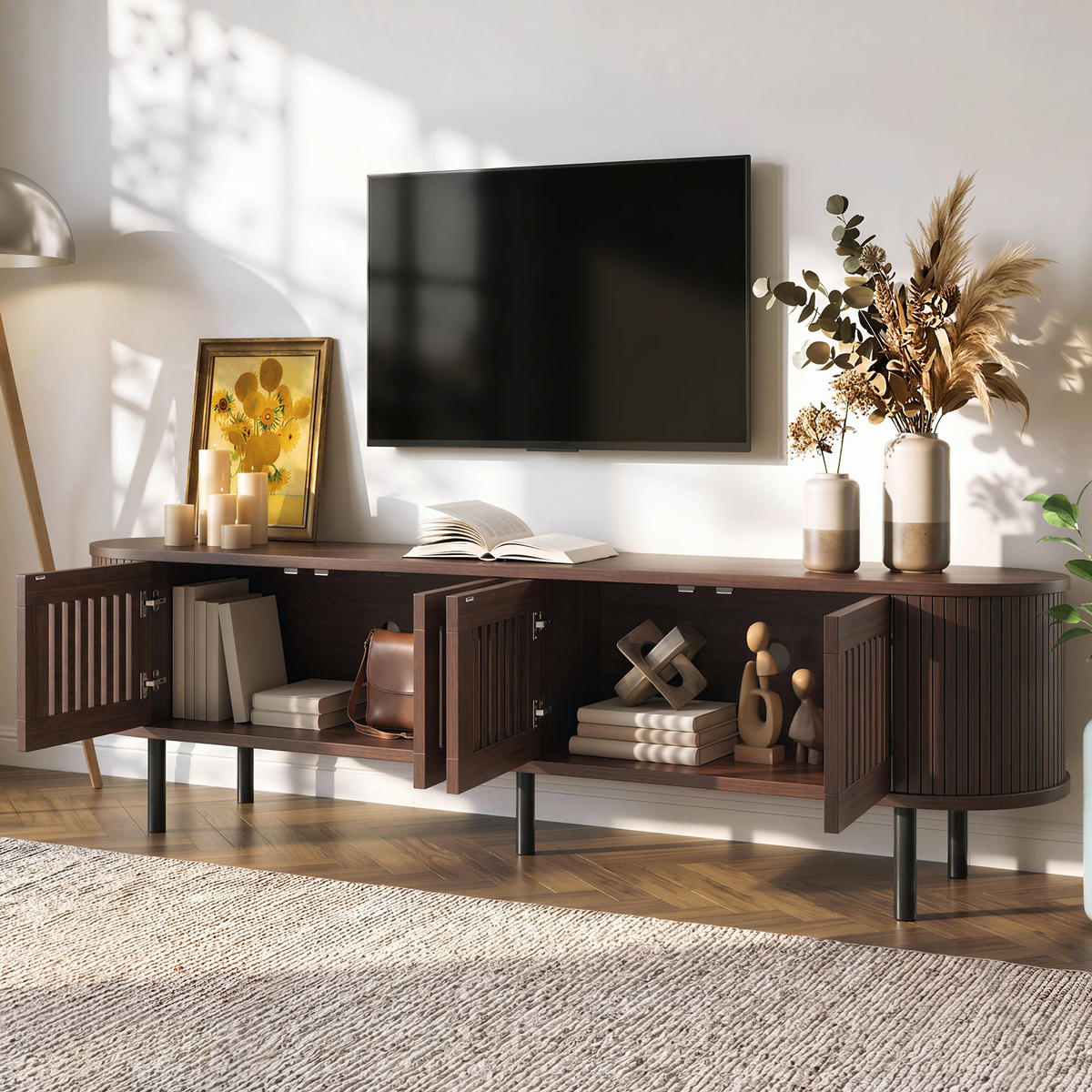 TV-ELEMENT178X39,5X49,5CM für 75-Zoll-Fernseher mit 4-Lamellentüren Walnussfarben - Walnussfarben, Holz (49/19/103.51cm) - Raelunyi