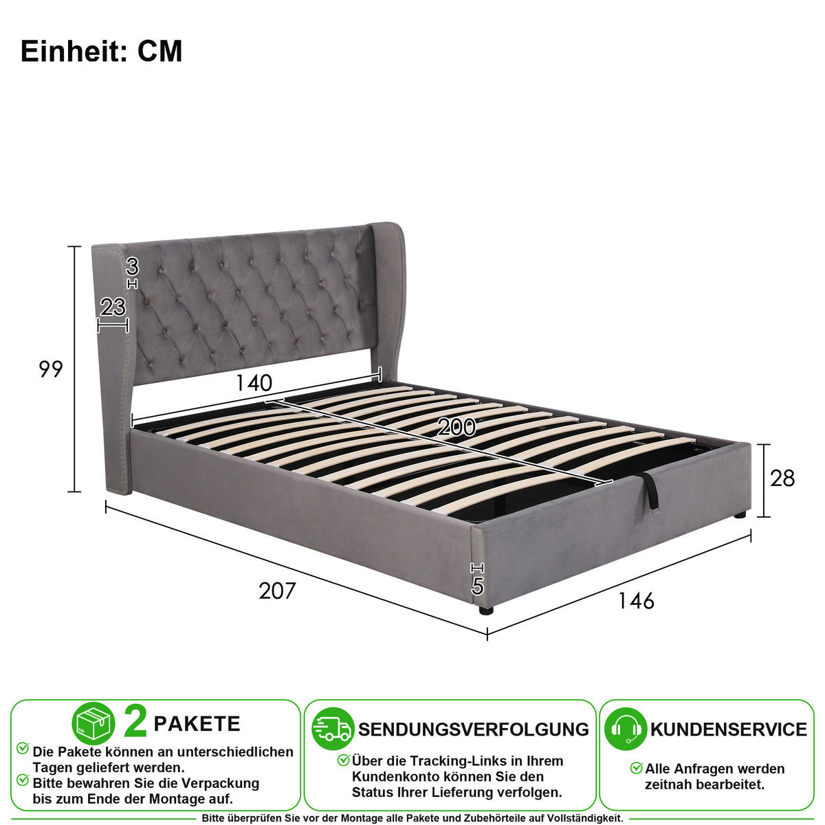 POLSTERBETT 140/200 cm in Grau Samt mit Bettkasten - Grau, Holzwerkstoff/Textil (140/200cm) - CHICFURN