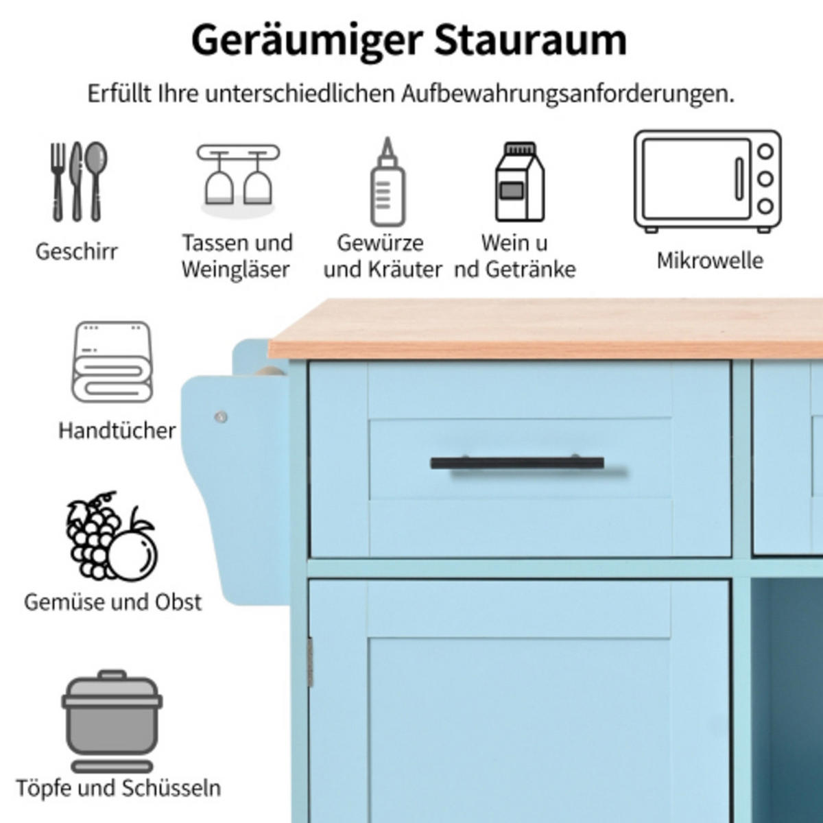 KÜCHENINSEL Blau aus MDF mit klappbarer Erweiterungsplatte 139 × 46 × 91,5 cm - Blau, Holzwerkstoff (139/91.5/71cm) - Luhomfu