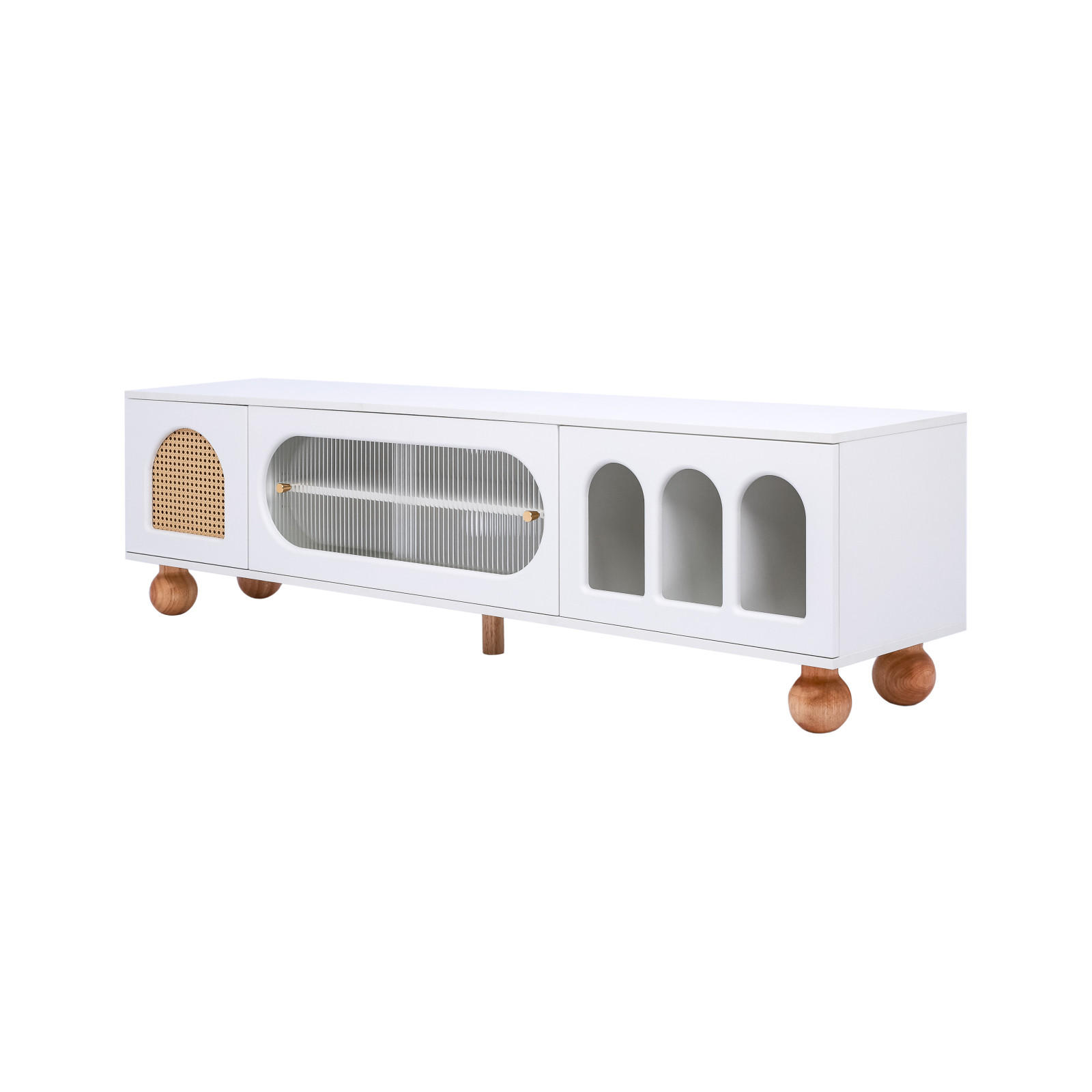 TV Lowboard Rattan, Glasschiebetür, Weiß - Weiß, Holz (170/47/37cm)