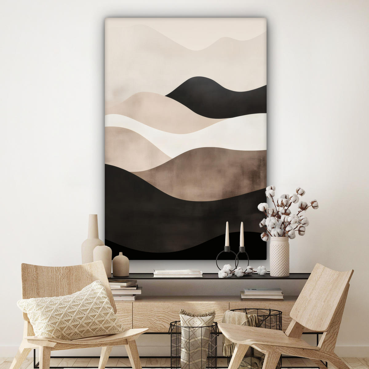 OBRAZ NA PLÁTNĚ Abstraktní - Krajina - Vlny - Krémová barva 90x140 cm - kapučínová, textil (90/140cm) - MuchoWow