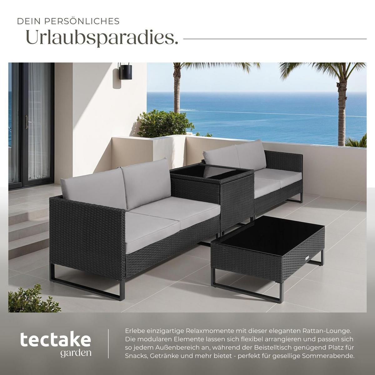 RATTANLOUNGE Ostuni,mit Sicherheitsglasplatte,schwarz - Schwarz, Kunststoff - tectake