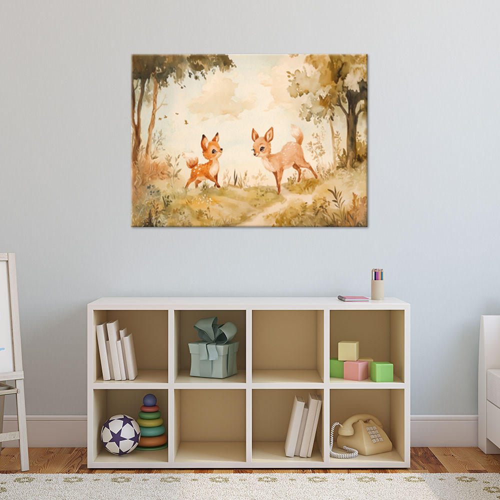 LEINWANDBILD Lein Hirschtiere im Wald Beige 90x60cm - Beige, Textil (90/60cm) - Feeby