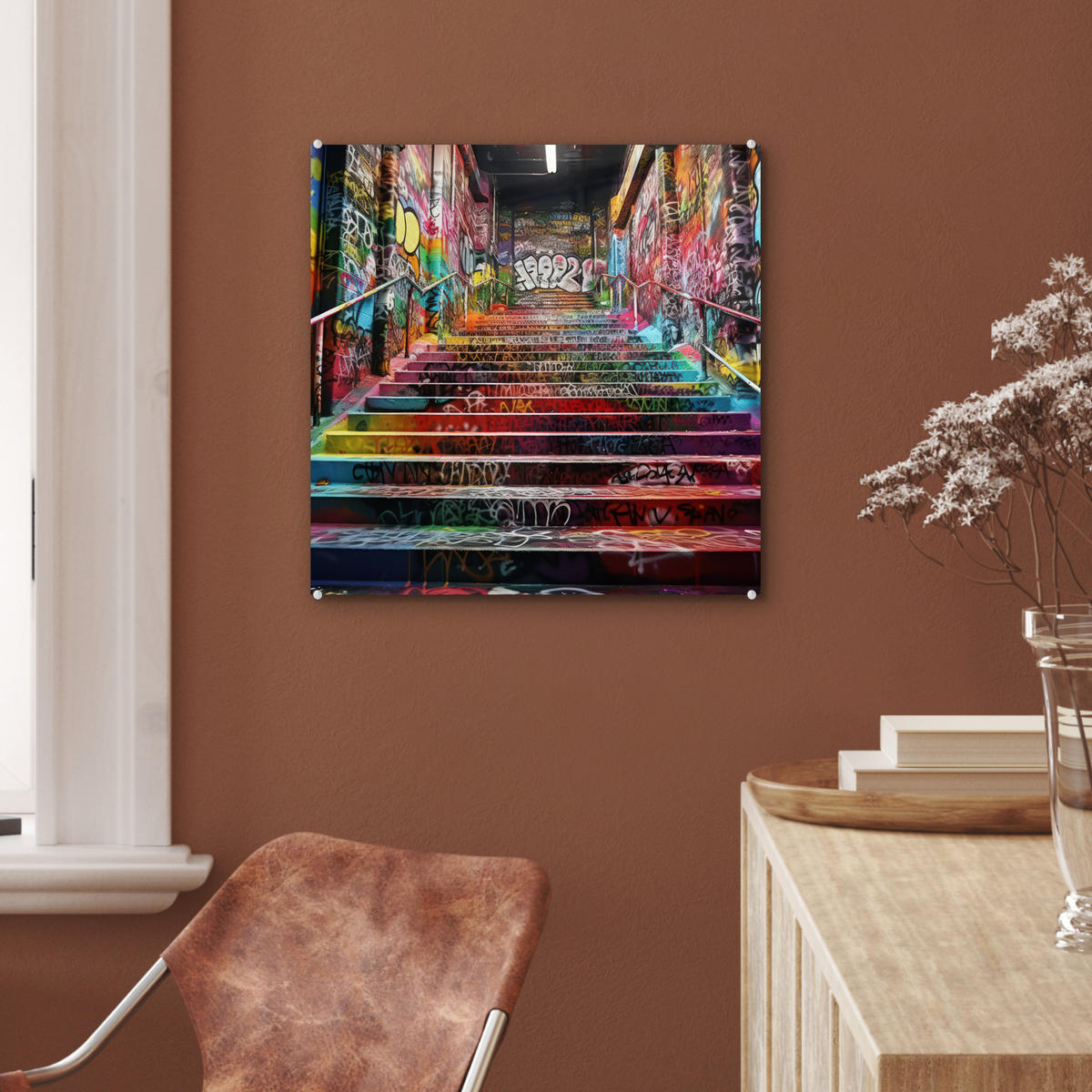 ACRYLGLASBILD Treppe - Graffiti - Farben - Kunst 50x50 cm - Multicolor, Glas (50/50cm) - MuchoWow
