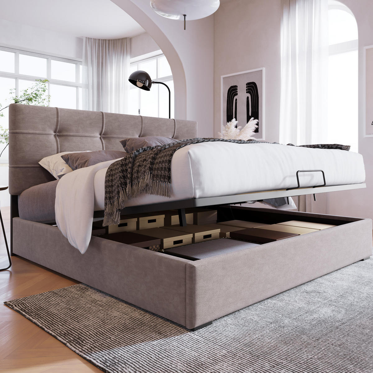 POLSTERBETT 140/200 cm Hellgrau mit hydraulischem Stauraum und verstellbarem Kopfteil aus Samt - Hellgrau, Textil (140/200cm) - OKWISH