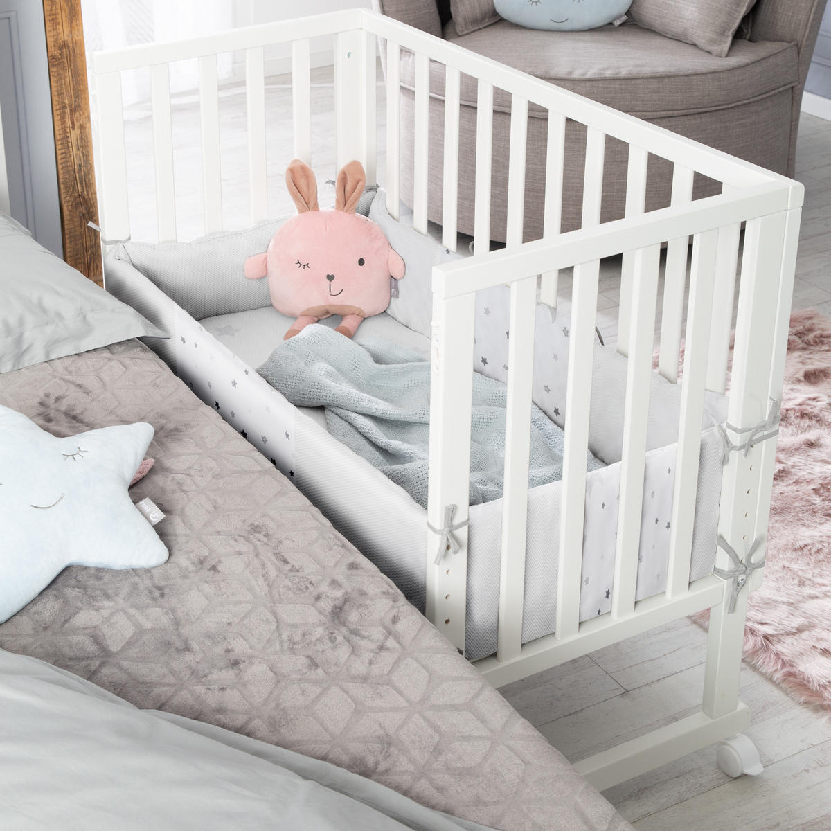 BEISTELLBETT Sternenzauber grau 3in1 Set 90 x 45 cm - Hellgrau/Weiß, Holzwerkstoff (45/90cm) - Roba