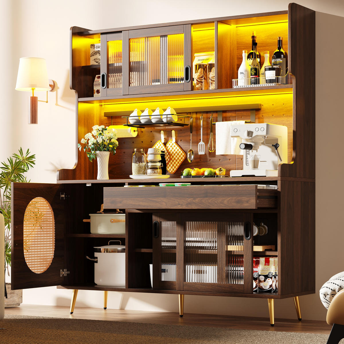 GESCHIRRSCHRANK aus MDF 145x39x171cm in Braun mit LED-Lichtleiste - Braun, Holzwerkstoff (145/171/39cm) - Modfu