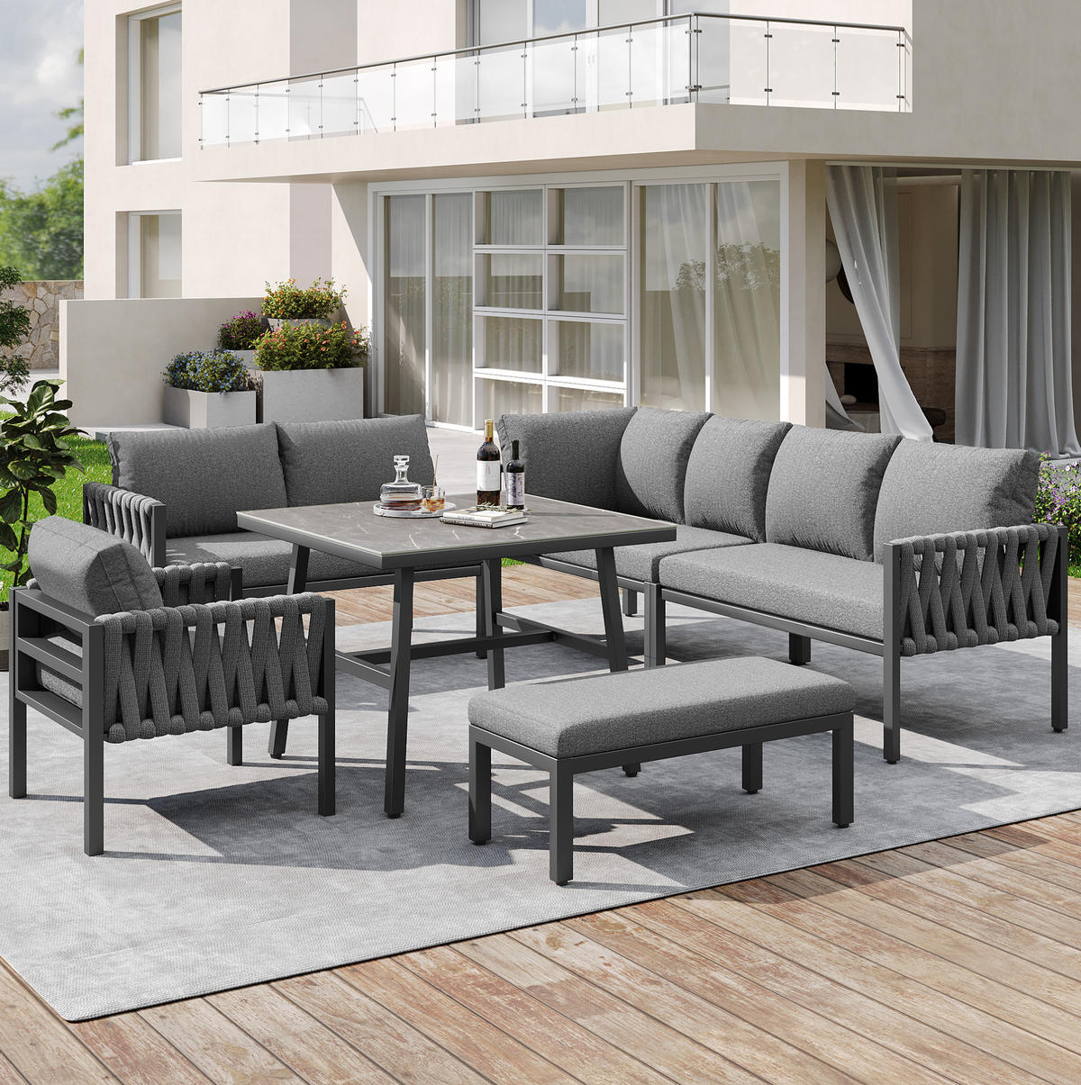 GARTENMÖBEL-SET mit Metallgestell & Glas-Tisch, Ecksofa, verstellbare Füße, 238/61/78 cm, Grau - Grau, Metall - Redom