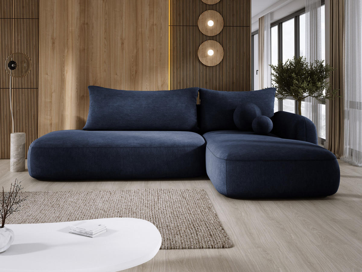 ECKSOFA BABU mit Bettfunktion – Moderne Polsterecke für Wohnzimmer, Funktionales Schlafsofa im Stoff CLOUD, 300x105x60 cm, Rechte, – Blau - Blau, Holz/Textil (300/190cm) - DomoHome