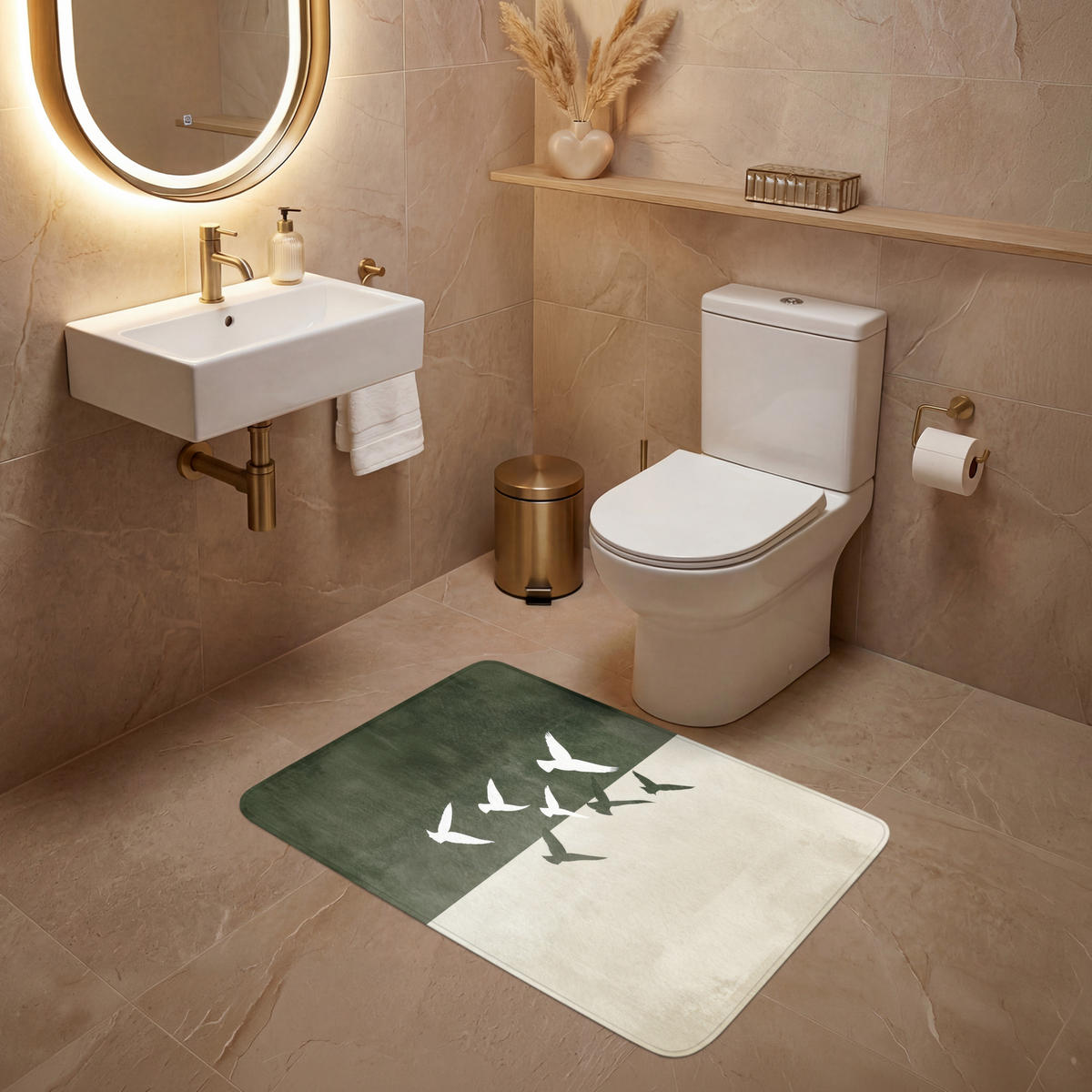 WC PŘEDLOŽKA Japandi - Pták - Zelený 90x60 cm - olivově zelená, textil/plast (90/1cm) - OnlyWow