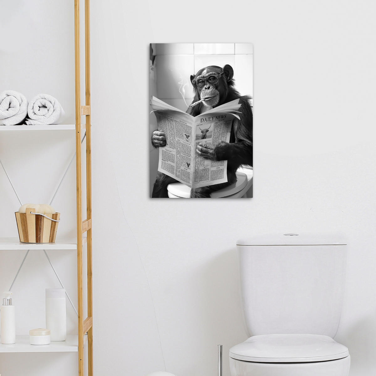 LEINWANDBILD Affe - WC - Zeitung - Schwarz-Weiß - Humor 40x60 cm - Hellgrau, Textil (40/60cm) - MuchoWow