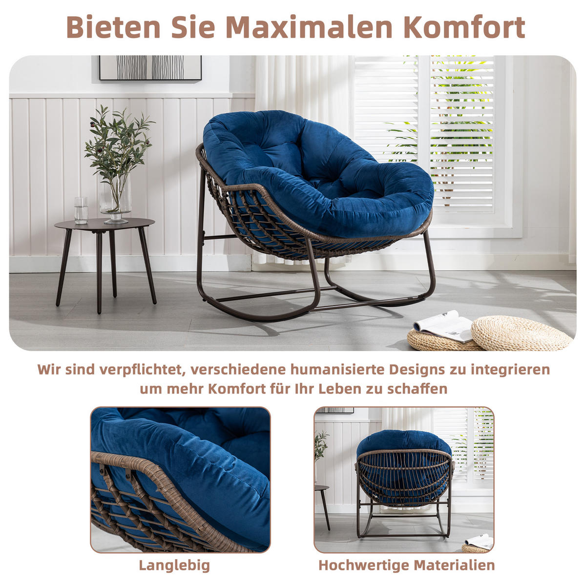 SCHAUKELSTUHL Schaukelsessel Garten,Rattanstuhl mit Stahlrahmen,Blau-Samt - Blau, Metall (94.5/80/111cm) - LVHOM