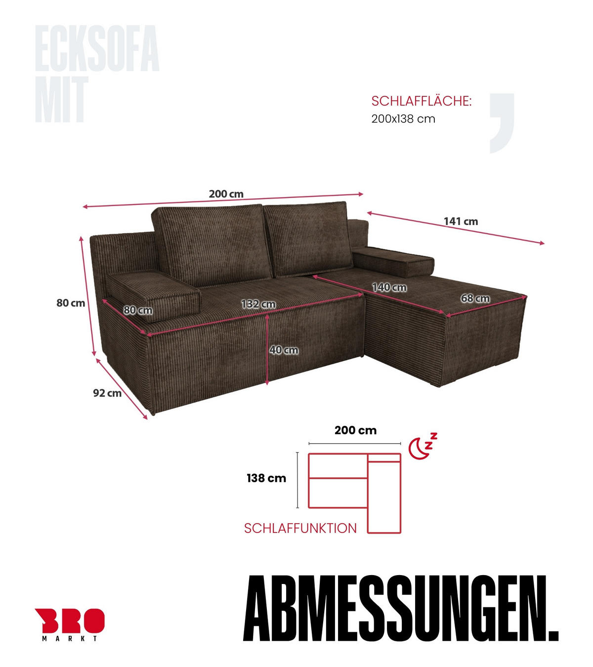ECKSOFA Caspar mit Schlaffunktion Braun Cord - Braun, Textil (200/141cm) - Bromarkt