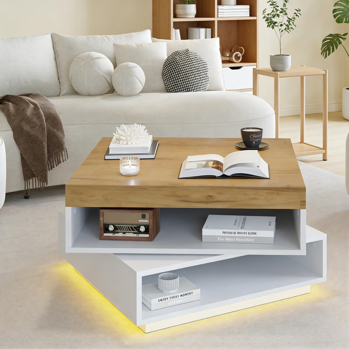 COUCHTISCH 65/65/40 cm weiß und eichefarben aus MDF mit 360° drehbarer Tischplatte und LED - Weiß, Holzwerkstoff (65/65/40cm) - OKWISH