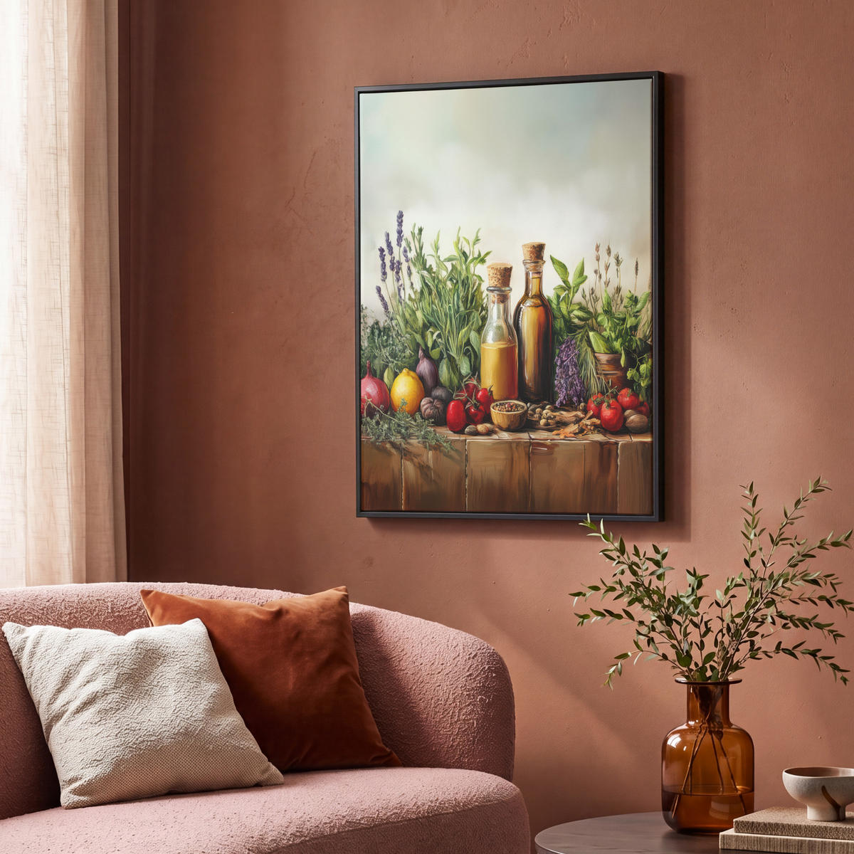 LEINWAND Bilder mit Rahmen - Stilleben - Kräuter - Gewürze - Früchte - Farbenfroh - 70x100 - Grün, Textil (70/100cm) - MuchoWow