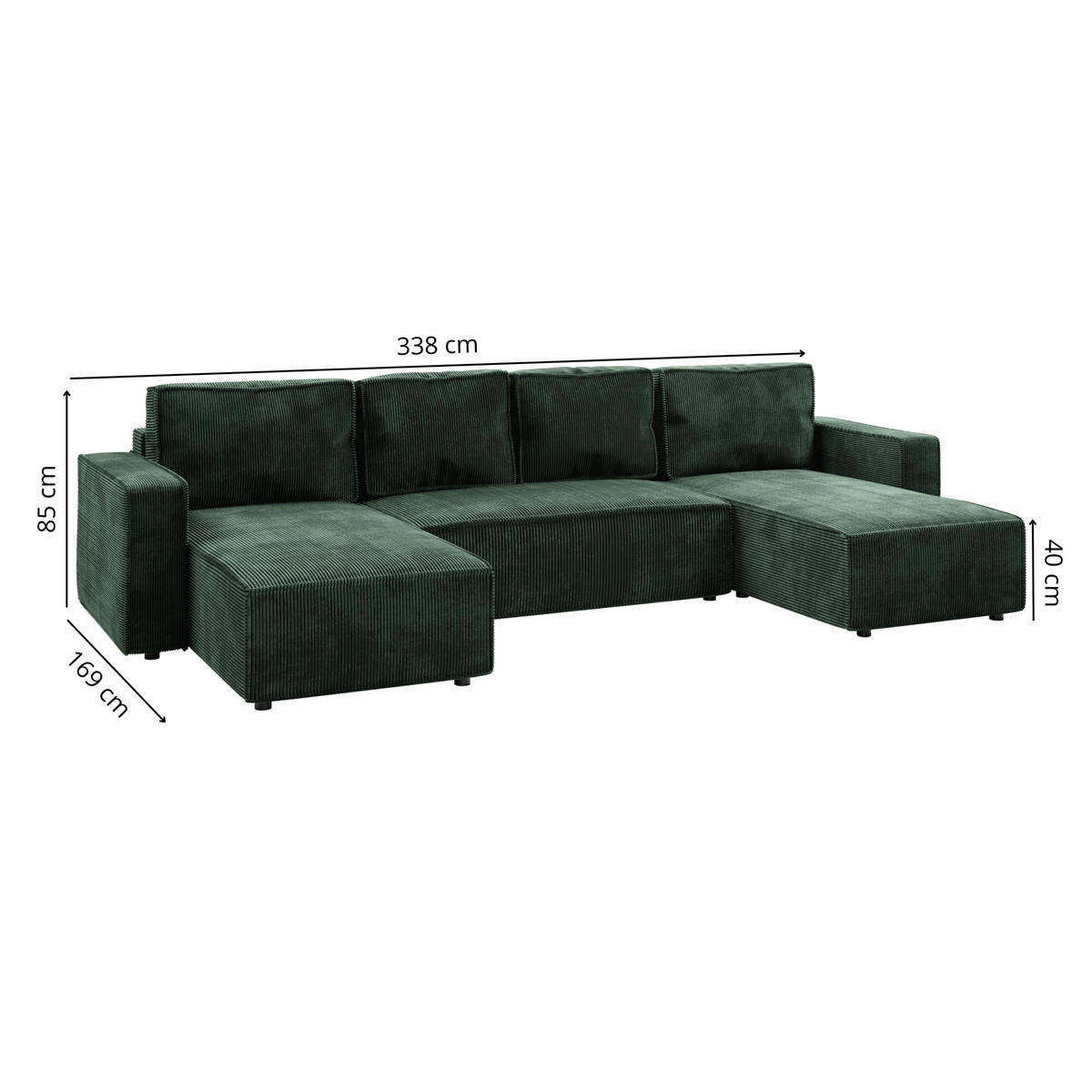 WOHNLANDSCHAFT BRIK XL 338x169 cm, Tannengrün Cord Poso, Schlaffunktion & Bettkasten - Dunkelgrün, Textil (338/85/169cm) - Excellent Home
