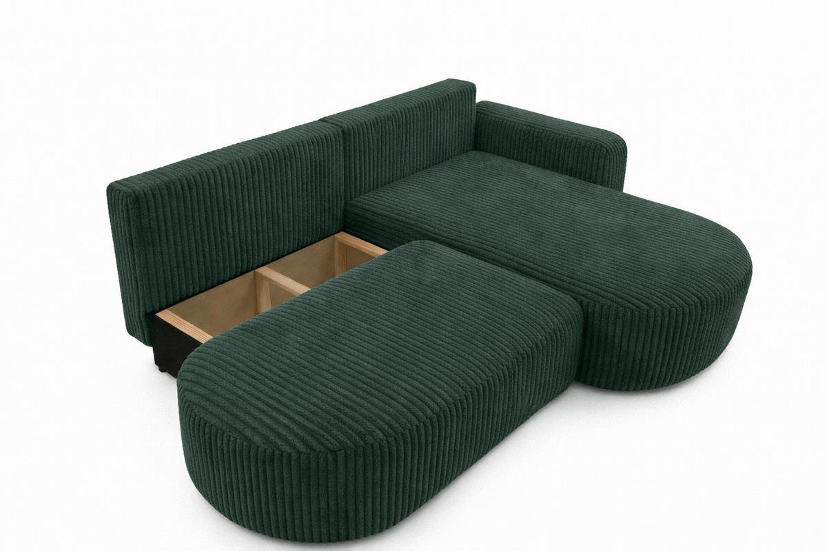 ECKSOFA Mit Schlaffunktion Und Bettkasten, Cordstoff Tilia, Grün, Rechts, ROUND ONE OPEN XL - Grün, Holz (262/175cm) - Kaiser Möbel