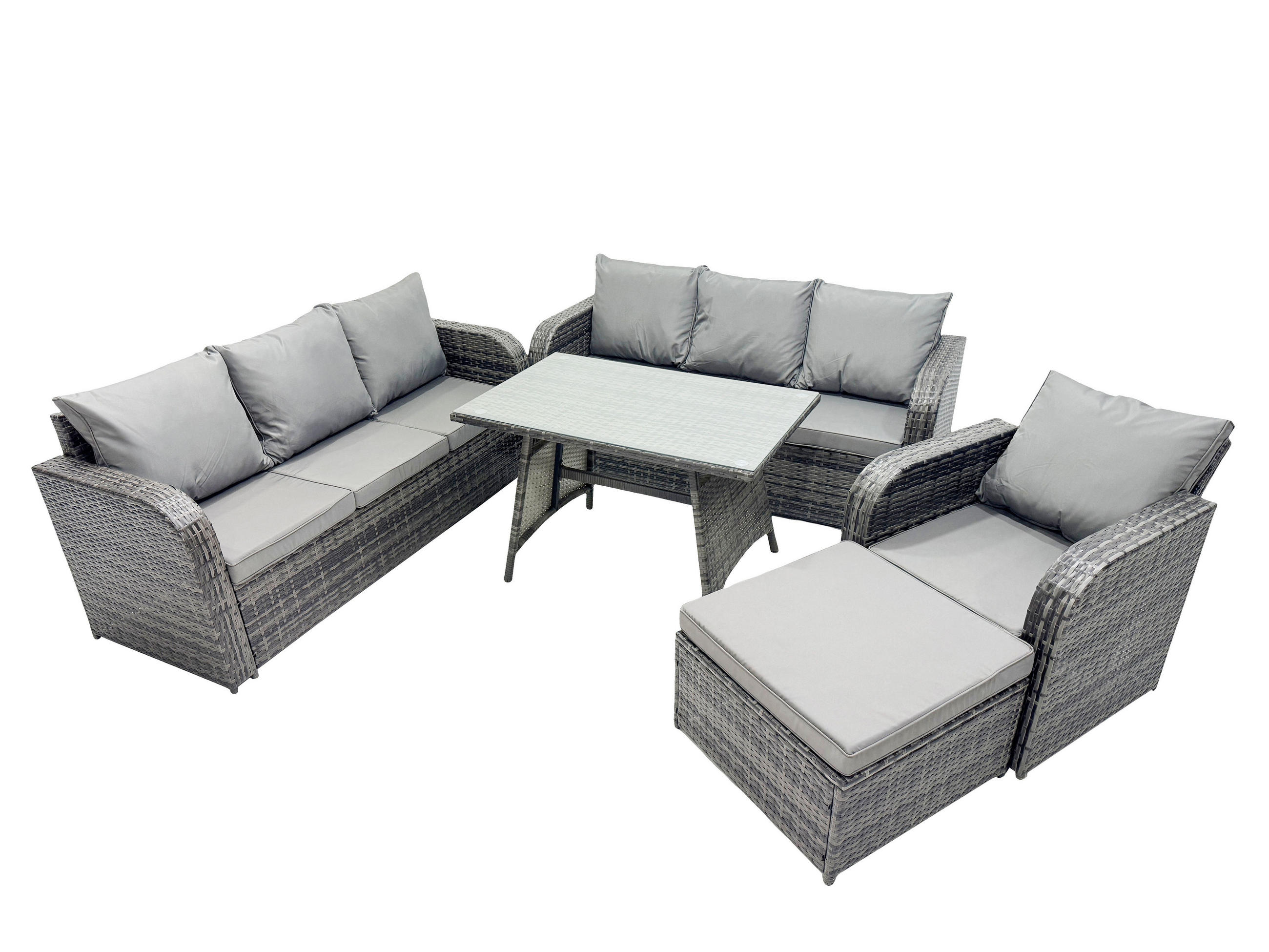 GARTENSET Hohe Rückenlehne Polyrattan 8-Sitzer - Dunkelgrau/Grau, Glas/Kunststoff - Fimous