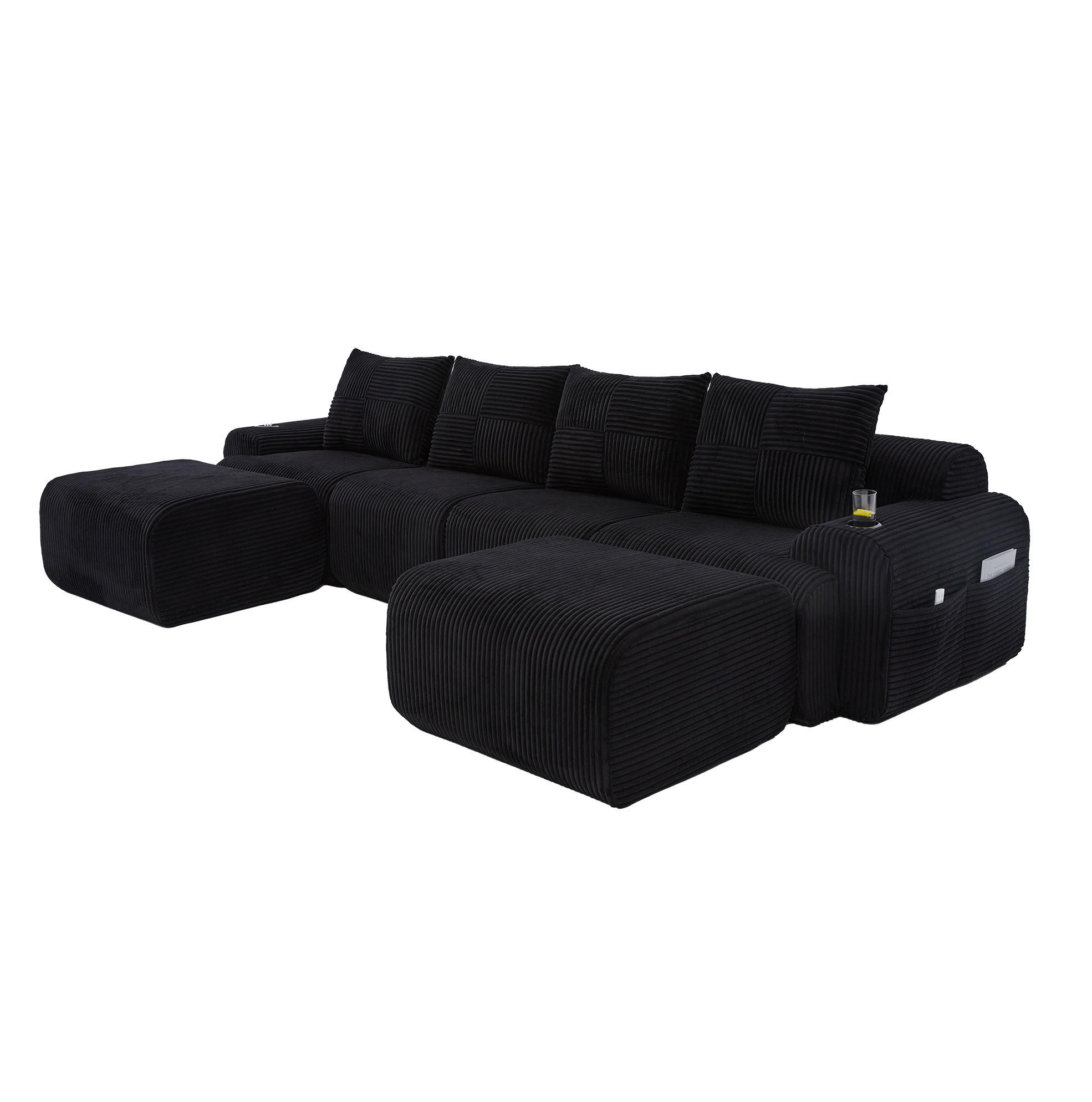 MODULARE Wohnlandschaft 333/174/80 cm in Schwarz mit Cupholder und 2 Hockern - Schwarz, Textil (174/80/333cm) - BEAOK