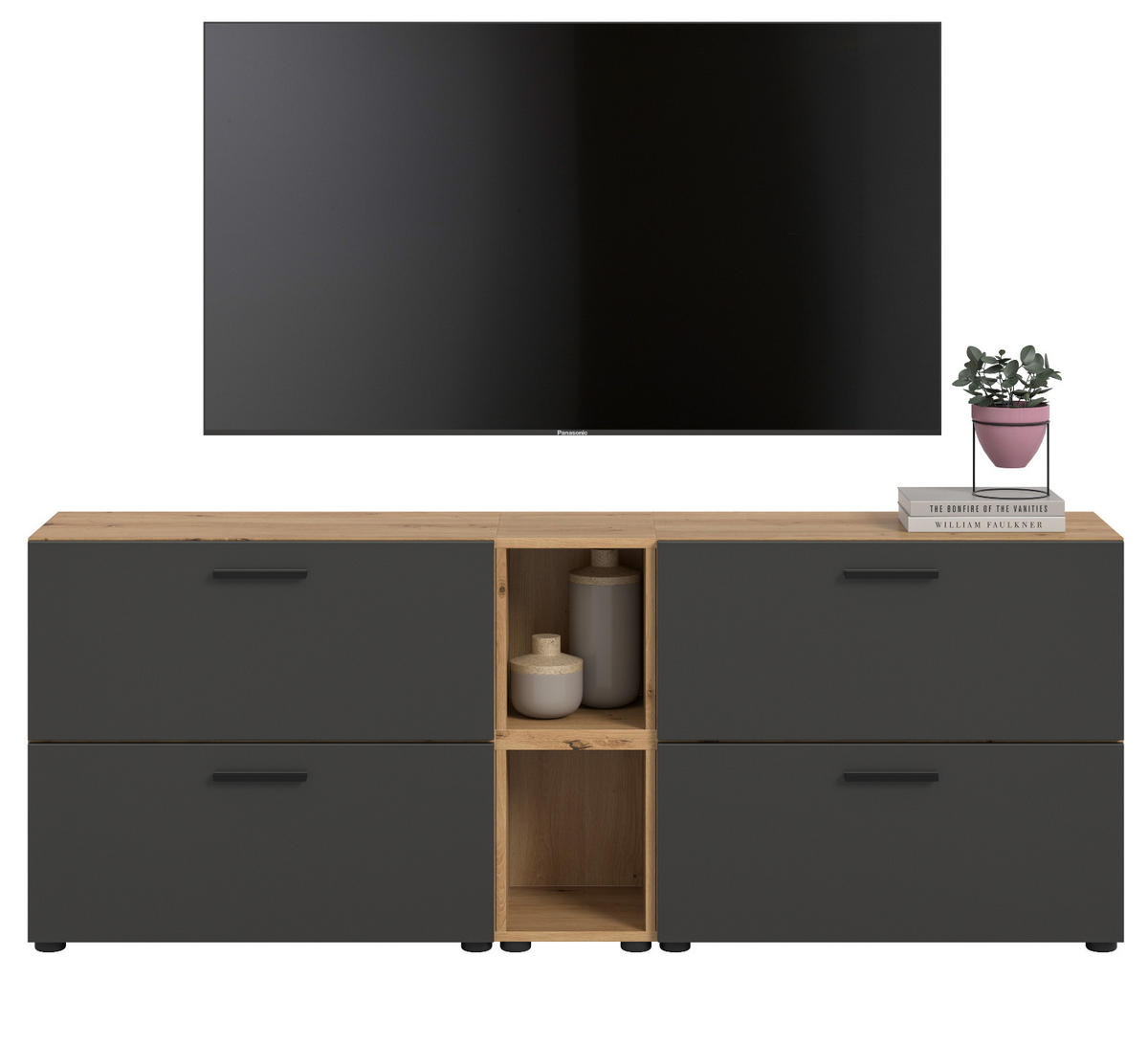 TV-LOWBOARD grau, Eiche Artisan 176 cm, Fernsehtisch hängend / stehend mit Soft-Close - Schwarz/Eiche Artisan, Holzwerkstoff/Kunststoff (176/67/34cm) - Inn.Furn