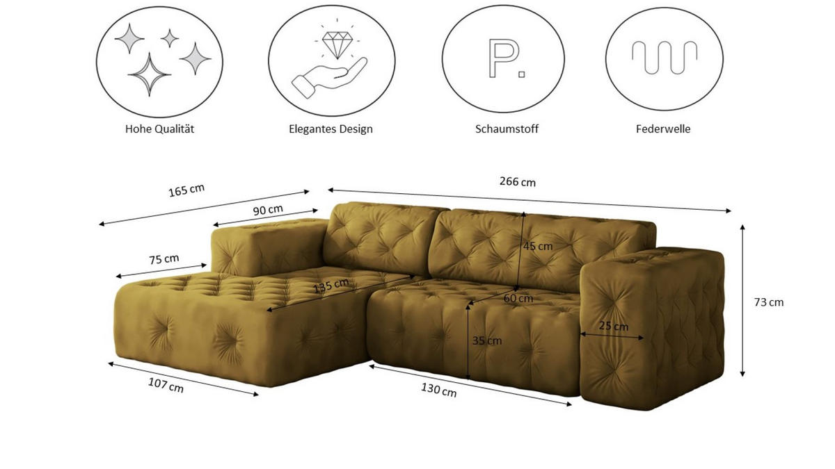 ECKSOFA L-Form Gesteppt LUX Stoff Whisper Links Golden - Goldfarben, Holz/Kunststoff (165/266cm) - Kaiser Möbel