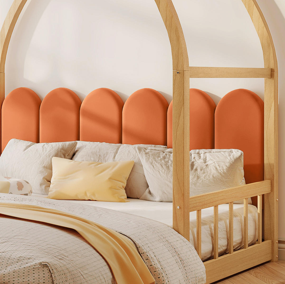 KINDERBETT aus Kiefer und MDF 140x200 cm Natur/Orange ausziehbar mit Dachrahmen, Kissen und 3-seitigem Schutz - Naturfarben, Holzwerkstoff (140/200cm) - Modfu