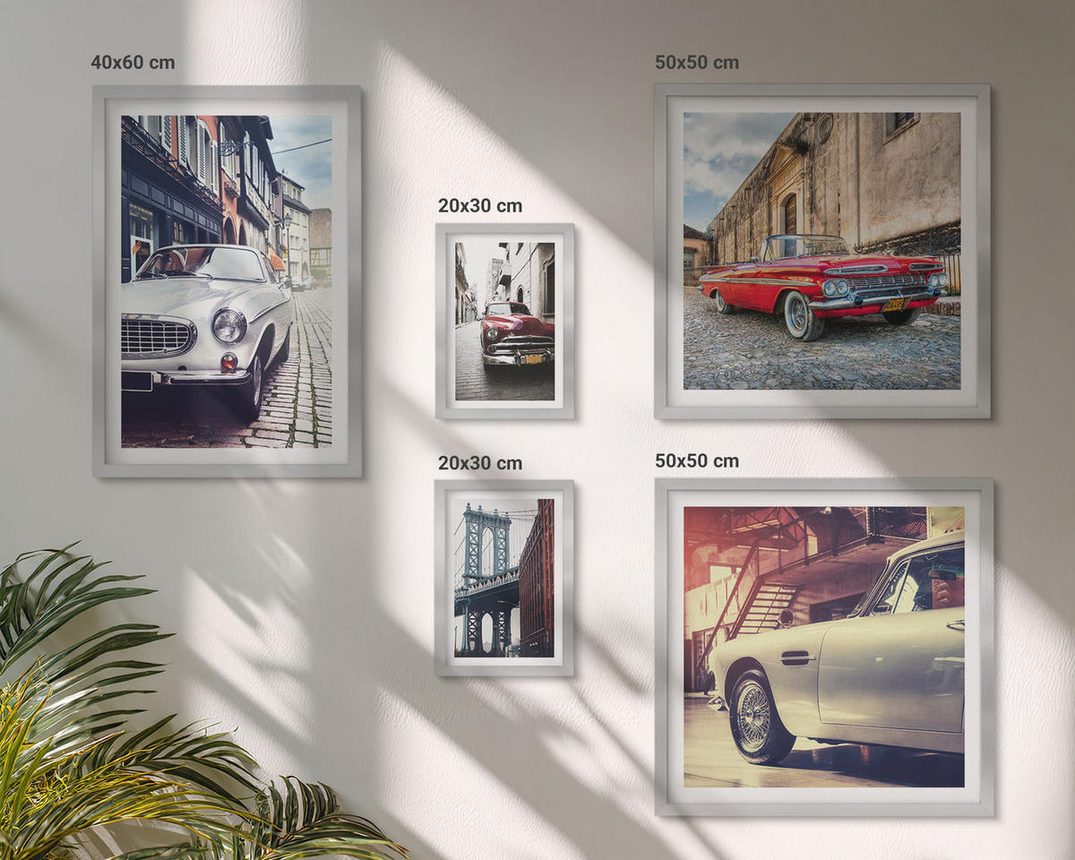 WANDBILDER 5er Set - 50x50 cm & 20x30 cm & 40x60 cm Silberner Rahmen - Oldtimer in Städten - Silberfarben, Kunststoff (40/60cm) - ArtPrintCave