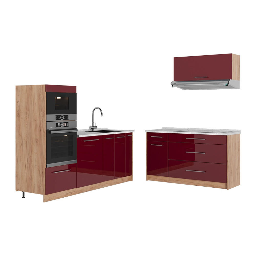KÜCHENZEILE Fame-Line, Bordeaux Hochglanz/Goldkraft Eiche, 340 cm, AP Marmor - Honigeiche/Bordeaux, Holzwerkstoff (340/153.6/60cm) - Vicco