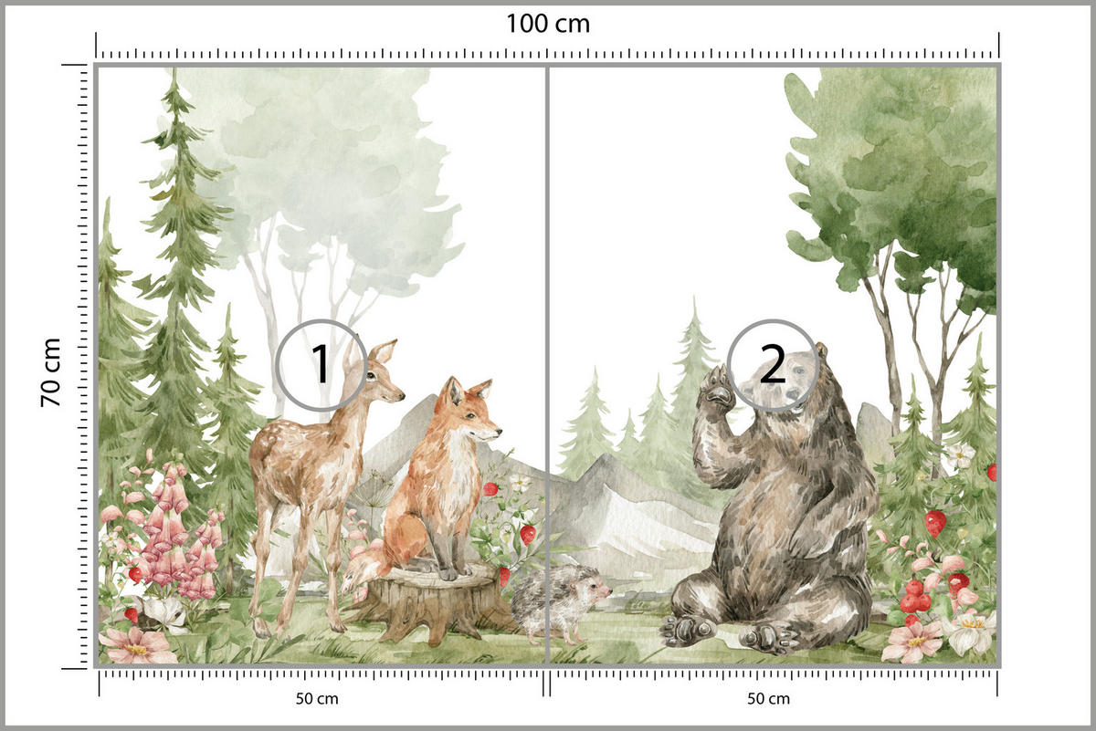 FOTOTAPETE für Kinderzimmer Aquarell Waldtiere Fuchs Reh Tragen 100x70 - Multicolor, Papier (100/70cm) - Muralo