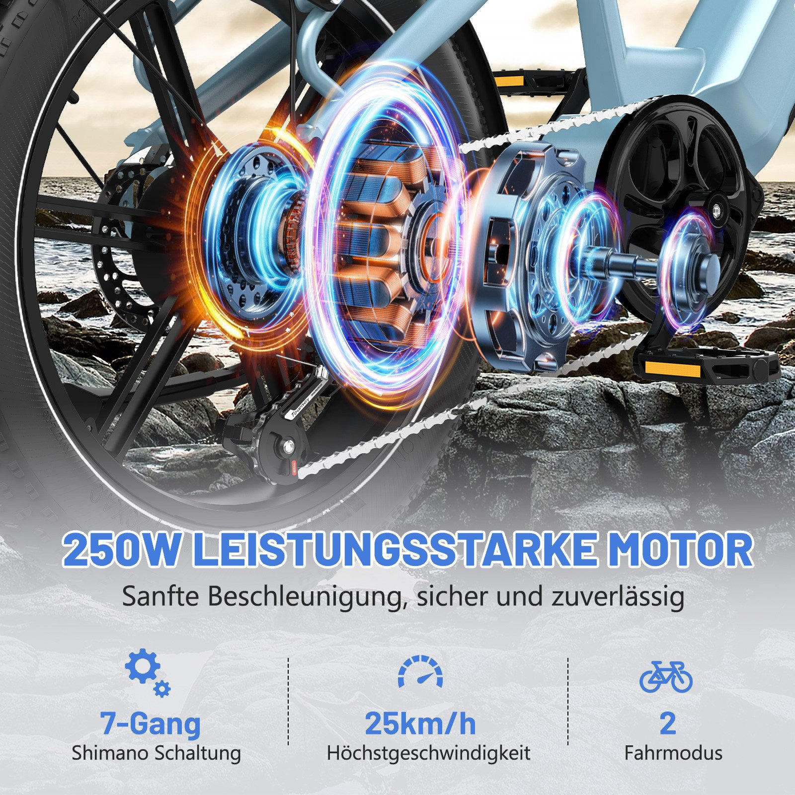 E-BIKE Mountain R6 20*4,0 Zoll, 7 Gang, Aluminiumrahmen, bis zu 120km - Blau, Metall (31cm) - ECORUSH