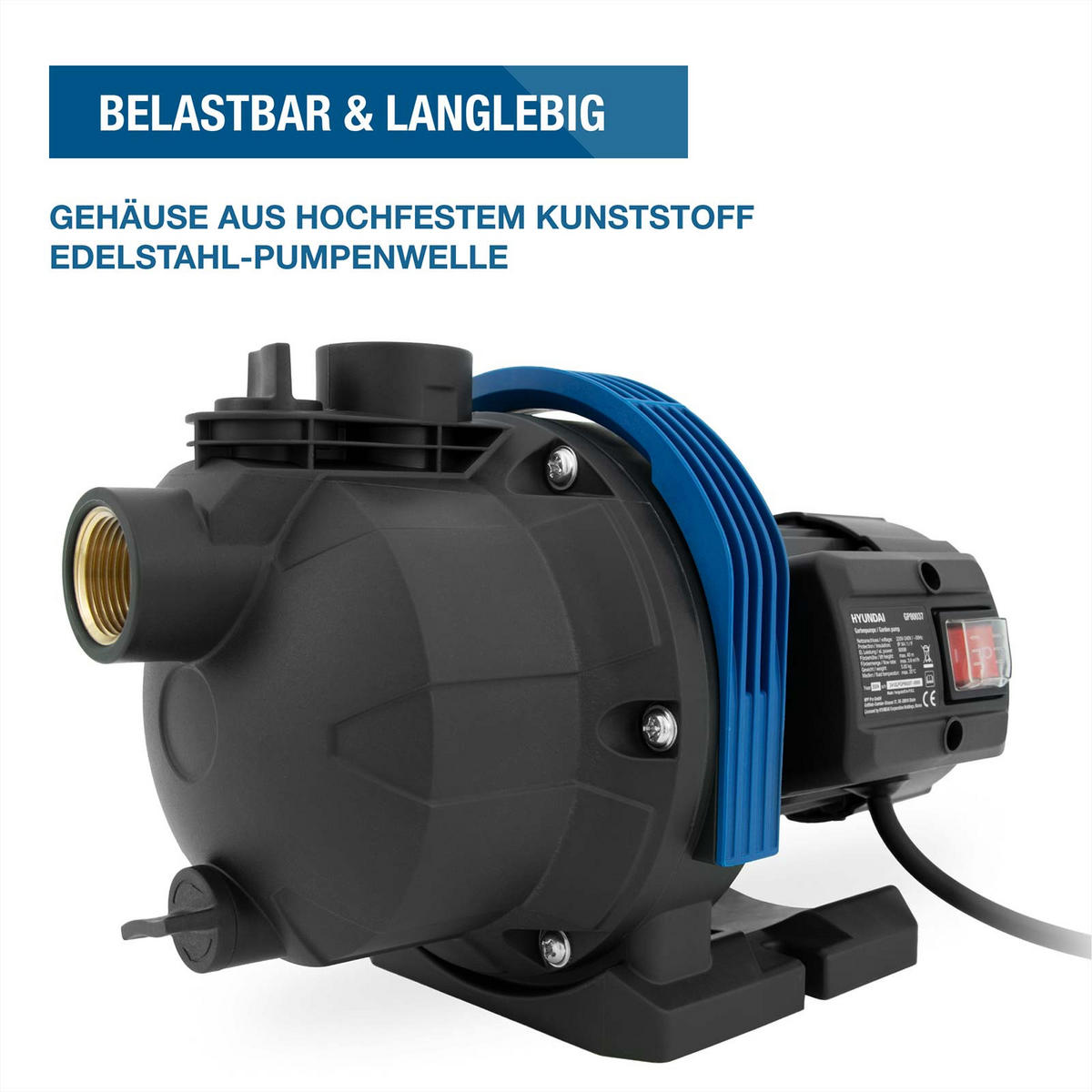 GARTENPUMPE GP80037 (800W, 3.600 l/h, Förderhöhe max. 40m, Ansaughöhe max. 7m) - Schwarz, Kunststoff (19.8/20.7/34.6cm) - HYUNDAI