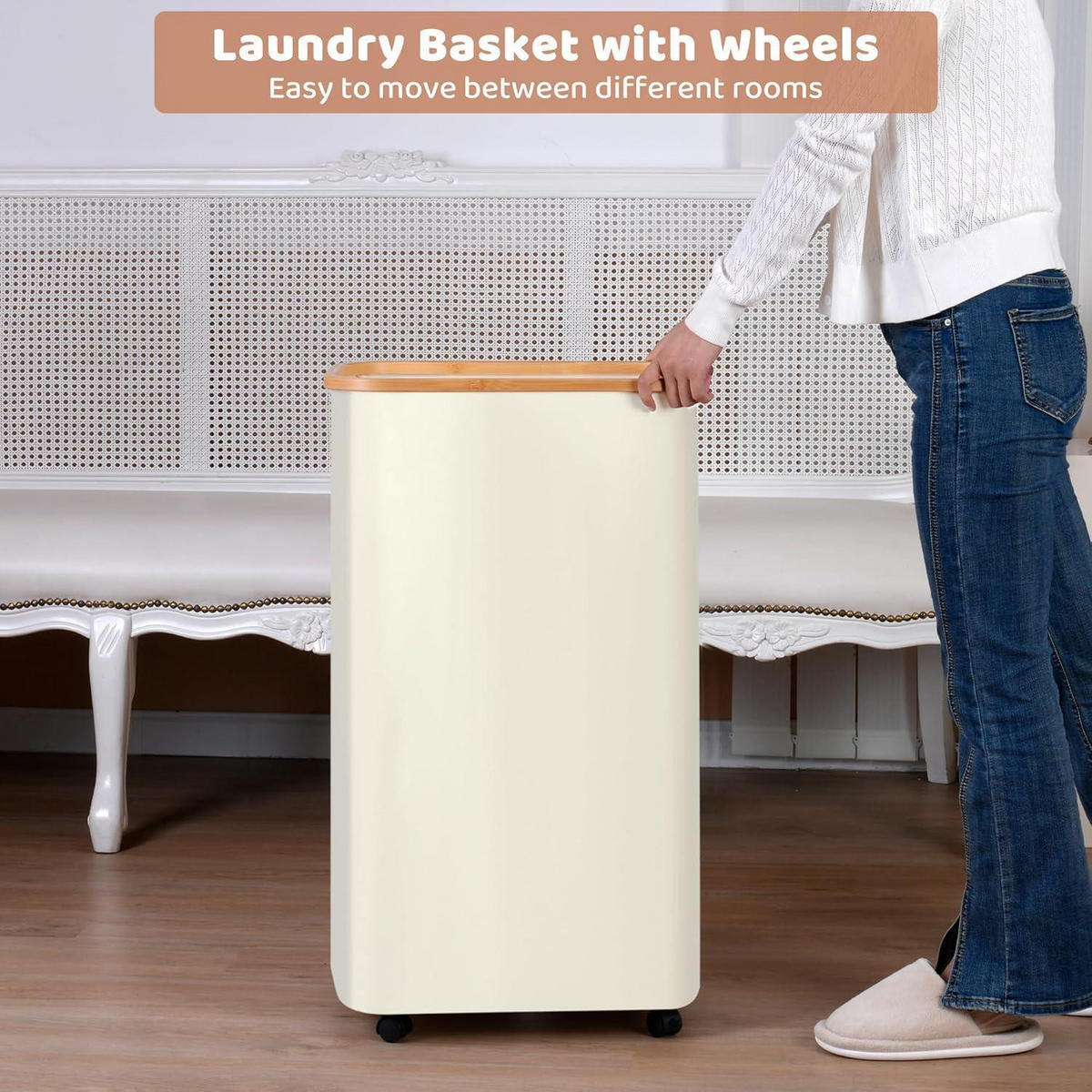 WÄSCHEKORB mit Deckel und Rollen 110L Beige - Creme, Textil (33/79/44cm)