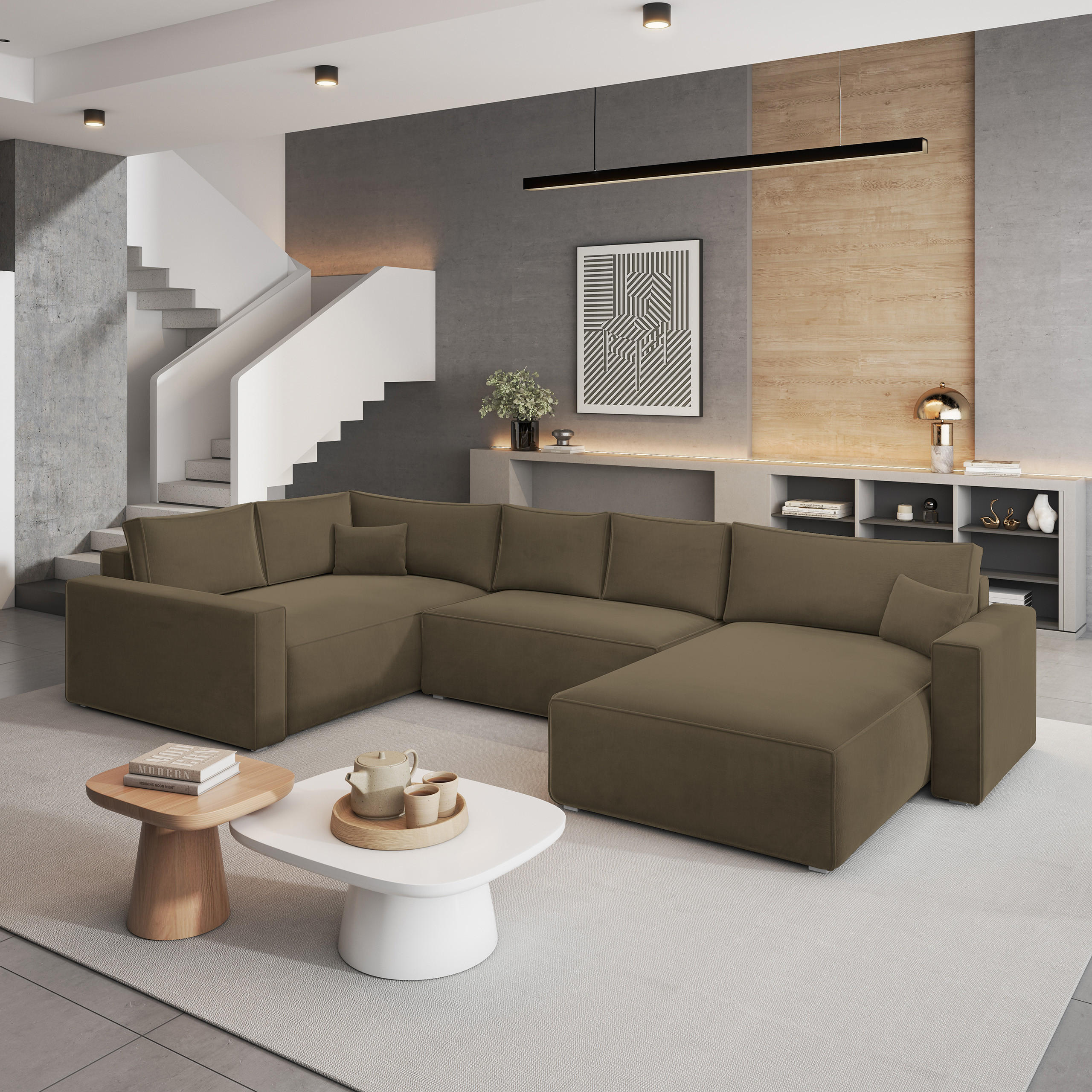 WOHNLANDSCHAFT VELAMI L-S Beige Velours-Stoff mit Schlaffunktion - Beige, Holz (365/83/194cm) - MASSENO