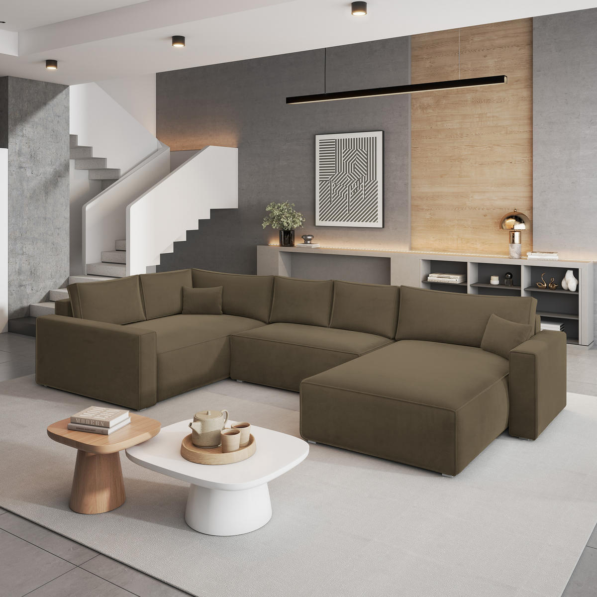 WOHNLANDSCHAFT VELAMI L-S Beige Velours-Stoff mit Schlaffunktion - Beige, Holz (365/83/194cm) - MASSENO