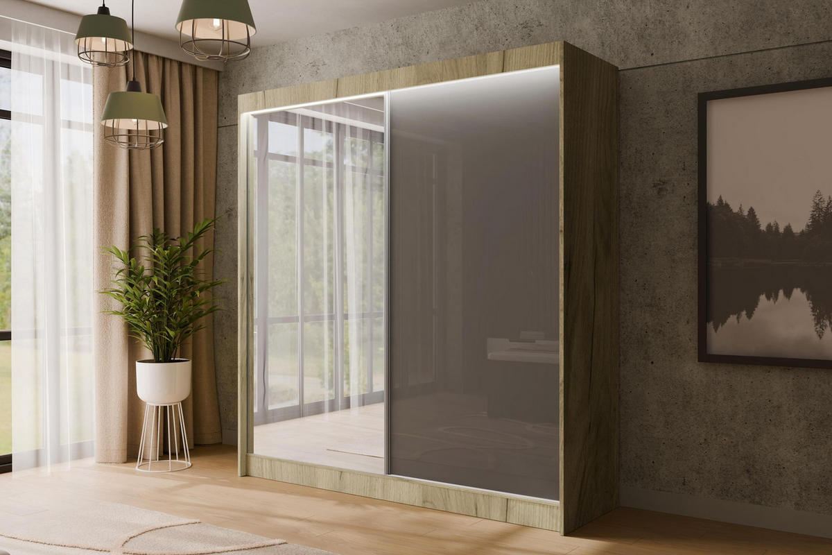 KLEIDERSCHRANK VESLI mit LED - 200 cm - Braun|Grau - Braun/Grau, Holzwerkstoff (200/215/61cm) - ALTDECOR