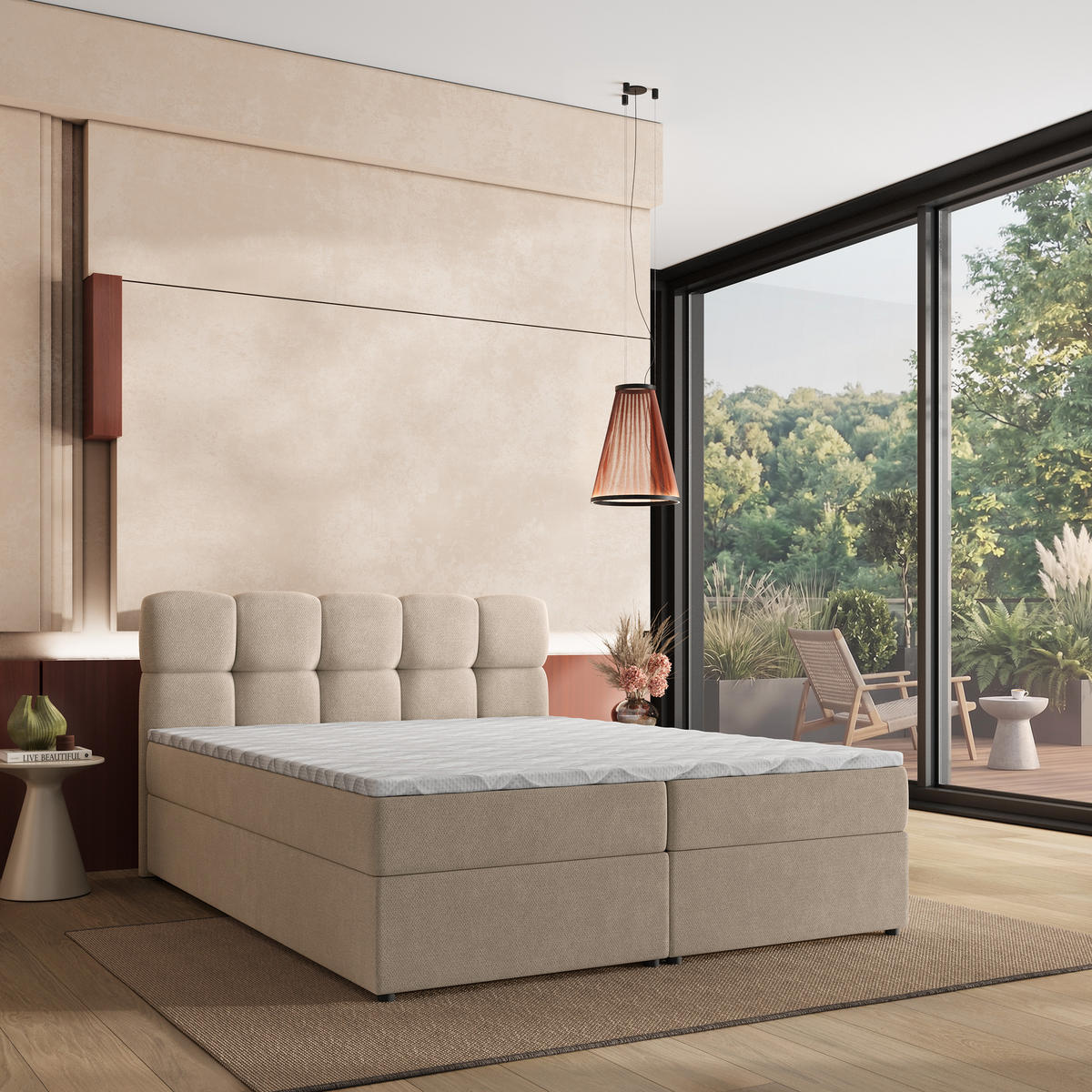 BOXBETT MERU 180x200 cm mit Matratze und Topper - Beige - Beige, Holz (180/200cm) - MASSENO