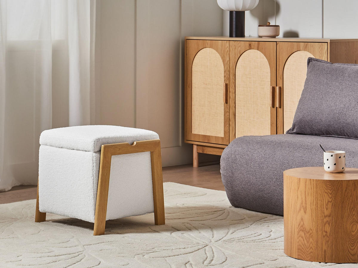 POUF cu spațiu de depozitare bouclé 45 cm alb Edland - alb, material textil (45/44/43cm) - Beliani