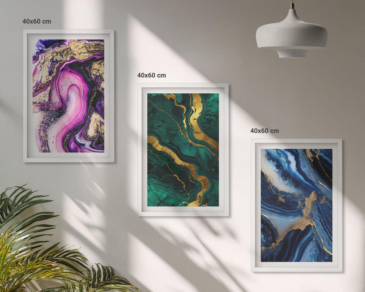 WANDBILDER 3er-Set - 40x60 cm Weißer Rahmen - Abstrakte rosagrüne Muster - Weiß, Kunststoff (40/60cm) - ArtPrintCave