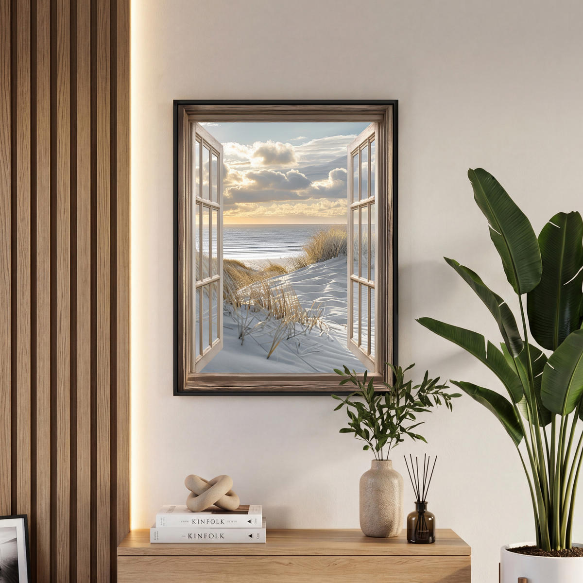LEINWAND Bilder mit Rahmen - Ausblick - Strand - Dünen - Meer - Natur - 60x80 - Sandfarben, Textil (60/80cm) - MuchoWow