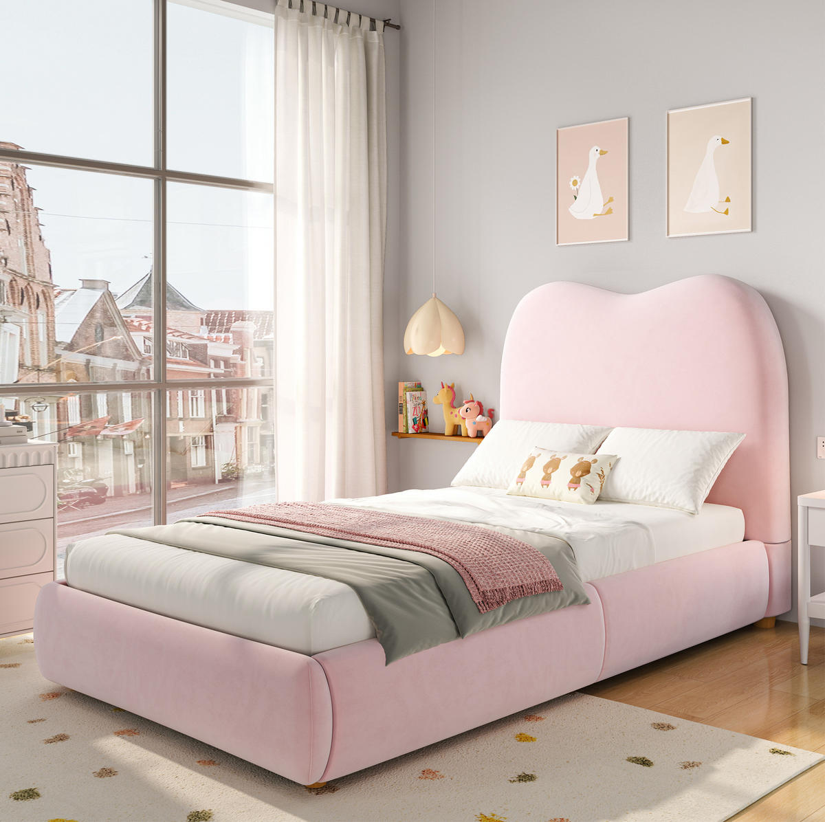 KINDERBETT 90/200 cm mit hydraulischem Stauraum, Lattenrost und gepolstertem Samt-Kopfteil, Pink - Rosa, Textil (90/200cm) - Redom