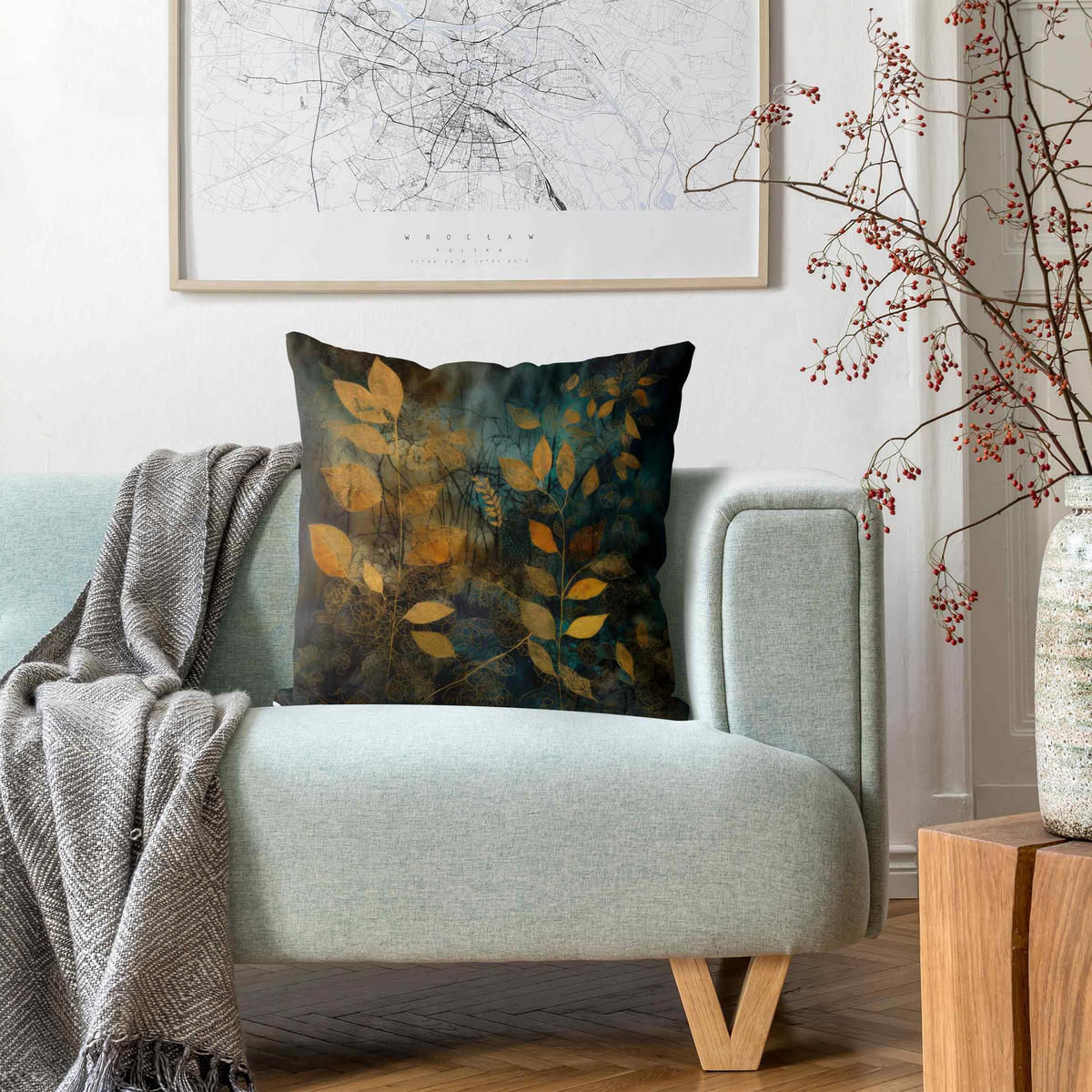 KISSENBEZUG Goldene Blätter auf Blau 50/50 cm - Goldfarben, Textil (50/50cm) - Bilderwelten