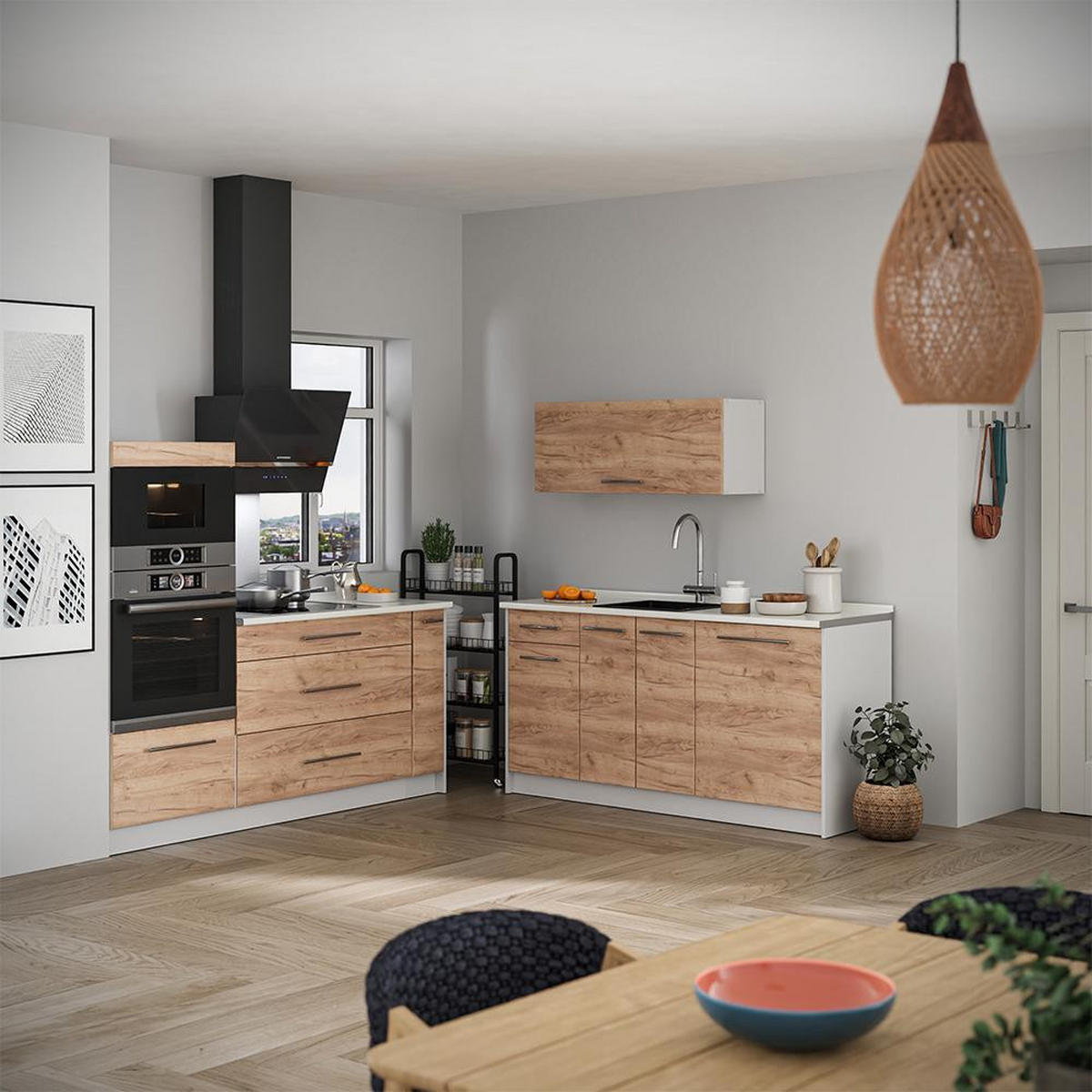 BUCĂTĂRIE Fame-Line, Stejar auriu, 340 cm fara blat - alb/culoare lemn stejar, compozit lemnos (340/153.6/51.6cm) - Vicco