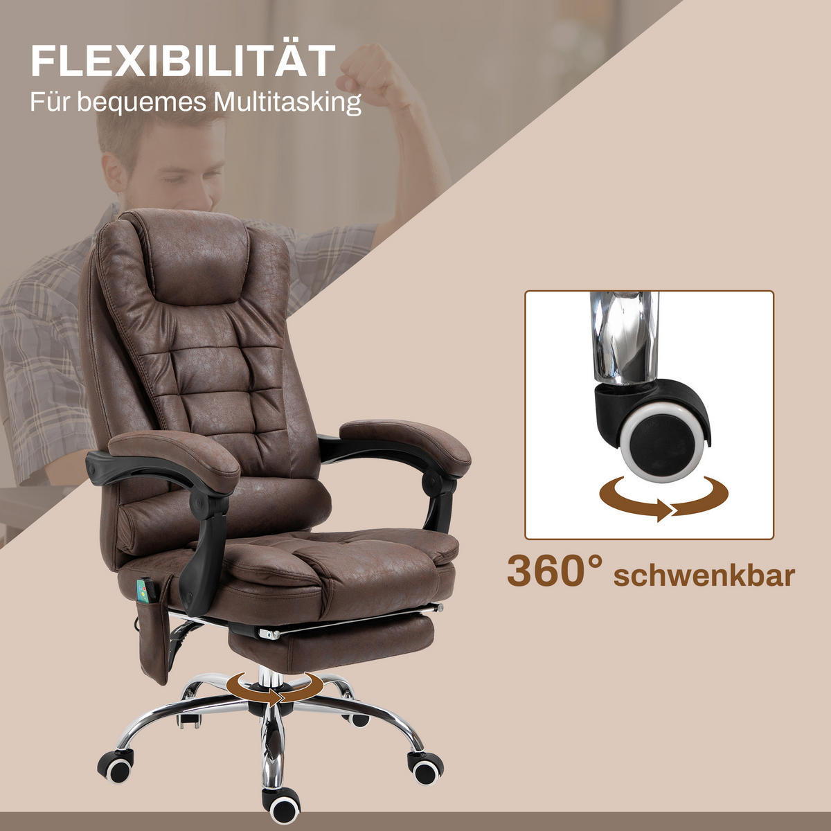 BÜROSTUHL mit Massagefunktion, Ergonomisch Schreibtischstuhl mit Liegefunktion - Silberfarben/Braun, Kunststoff/Textil (70/119/65cm) - Vinsetto